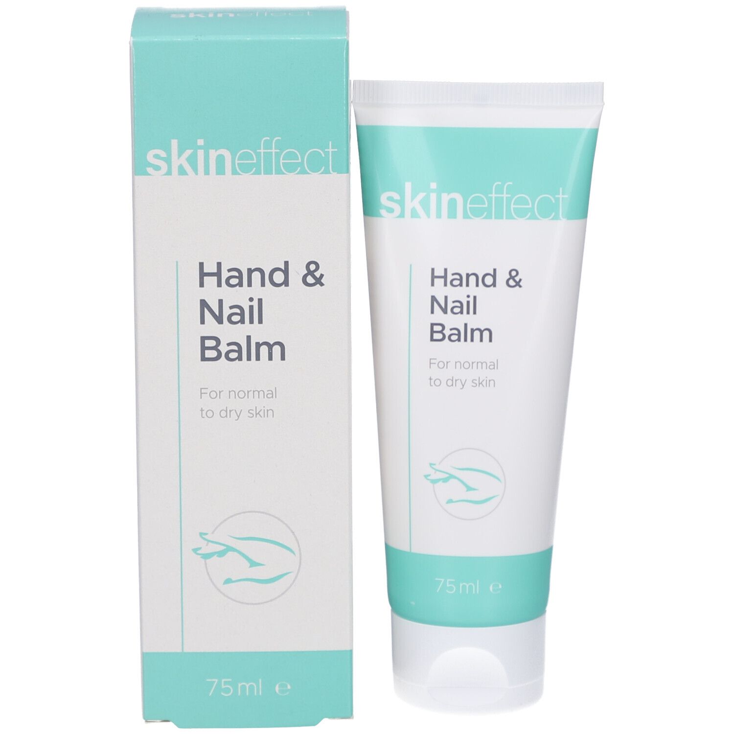 Produktverpackung. Tube und Schachtel. Aufschrift: skin effect, Hand & Nail Balm. 75ml.