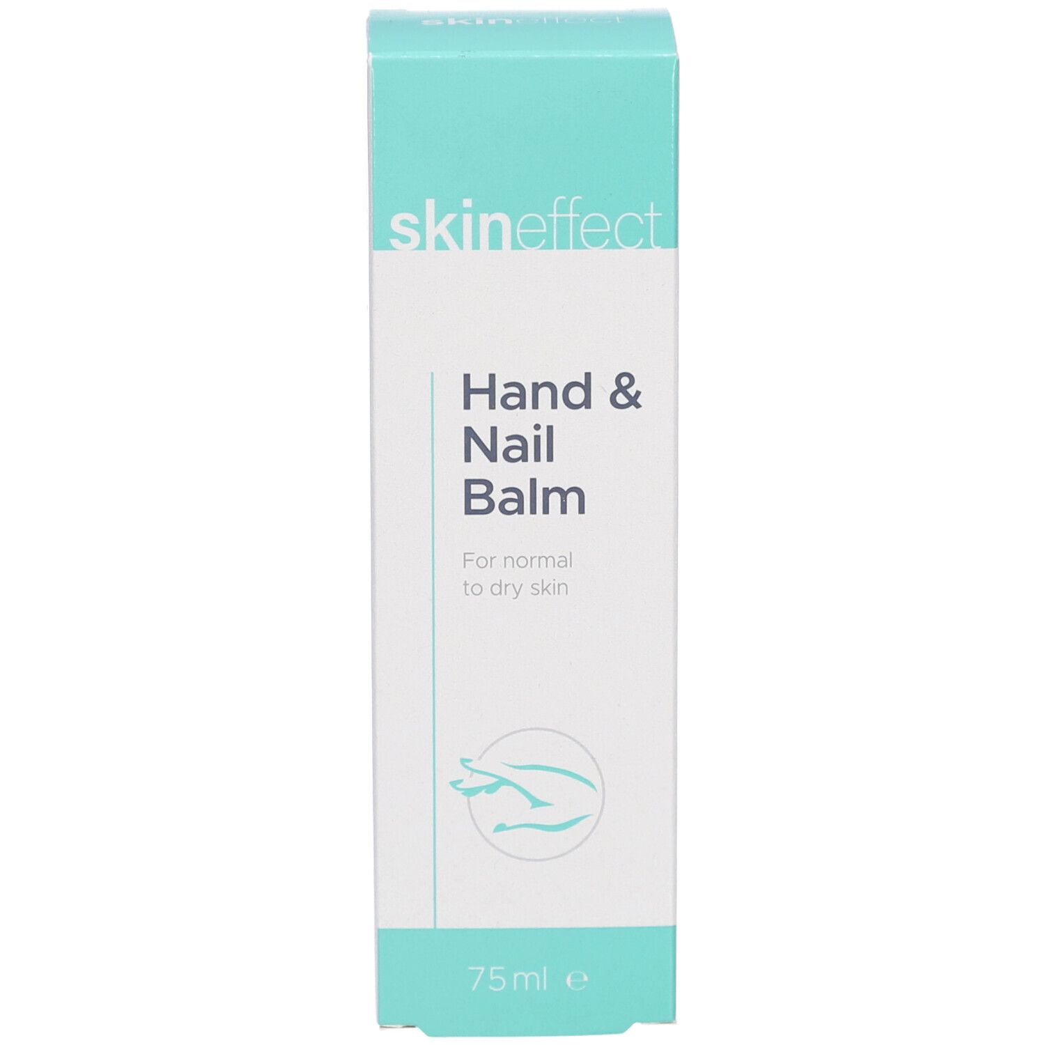 Türkis-weiße Schachtel. Aufschrift: skin effect, Hand & Nail Balm. Für normale bis trockene Haut. 75ml.