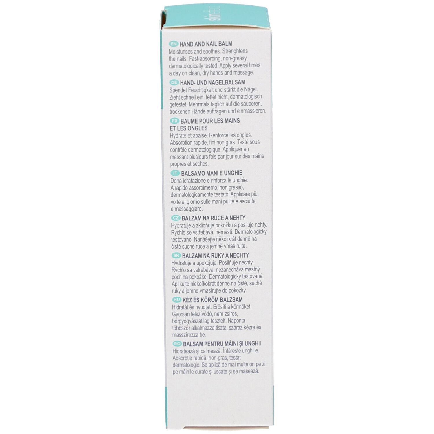 Rückseite der Schachtel. Text in mehreren Sprachen. Produktbeschreibung.