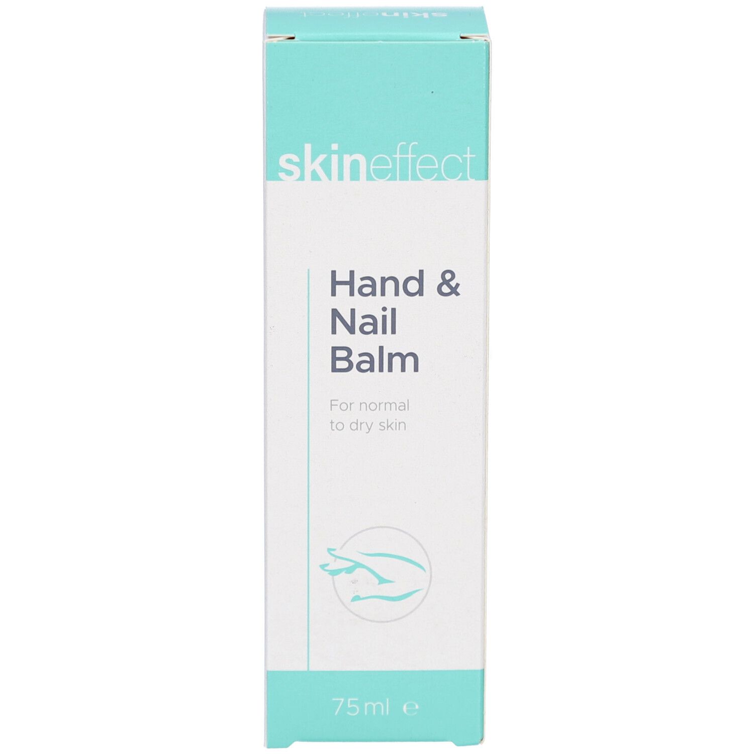 Türkis-weiße Schachtel. Aufschrift: skin effect, Hand & Nail Balm. Für normale bis trockene Haut. 75ml.