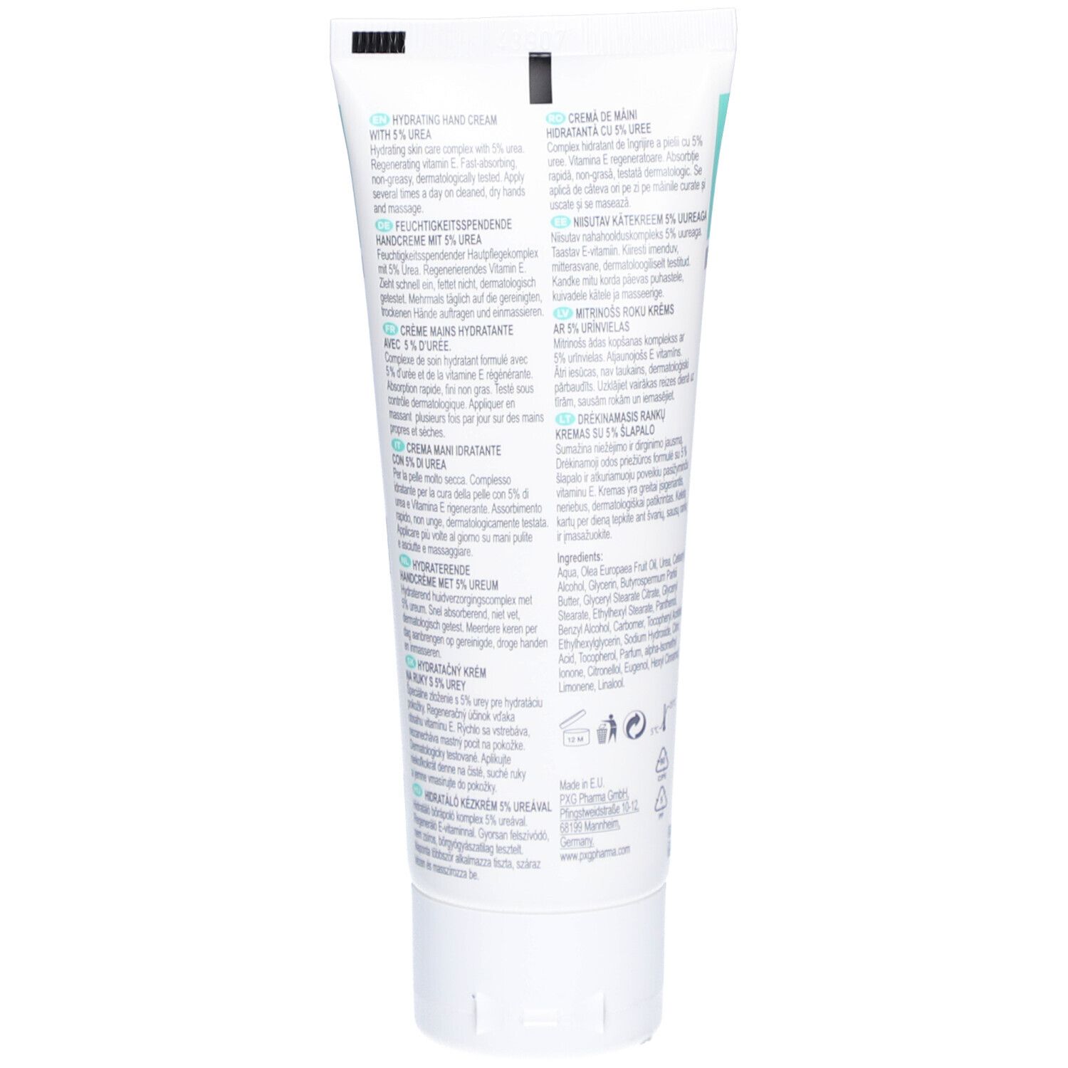 Rückseite der Creme-Tube. Text in mehreren Sprachen. Inhaltsstoffe und Herstellerinformationen.