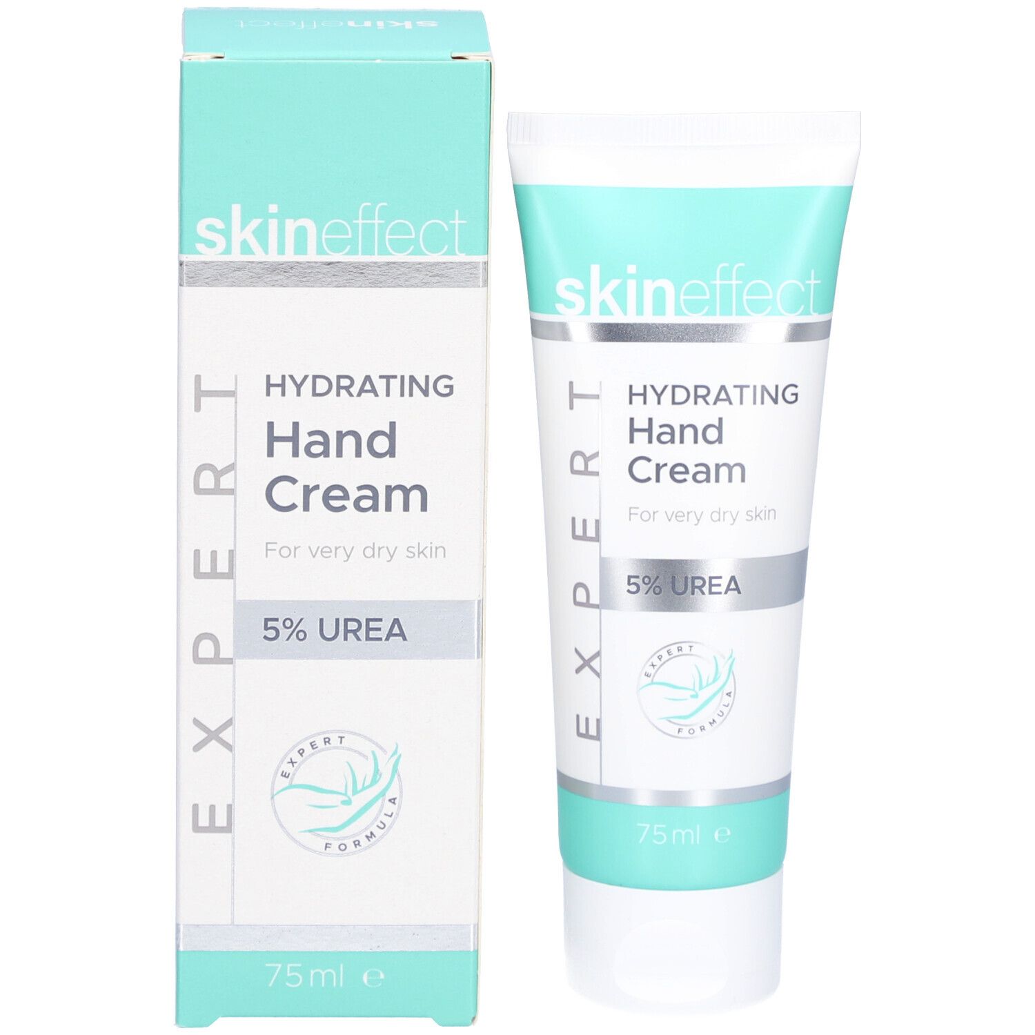 Creme-Tube und Schachtel. Aufschrift skin effect, Hydrating Hand Cream, 5% Urea. Grün-weißes Design.