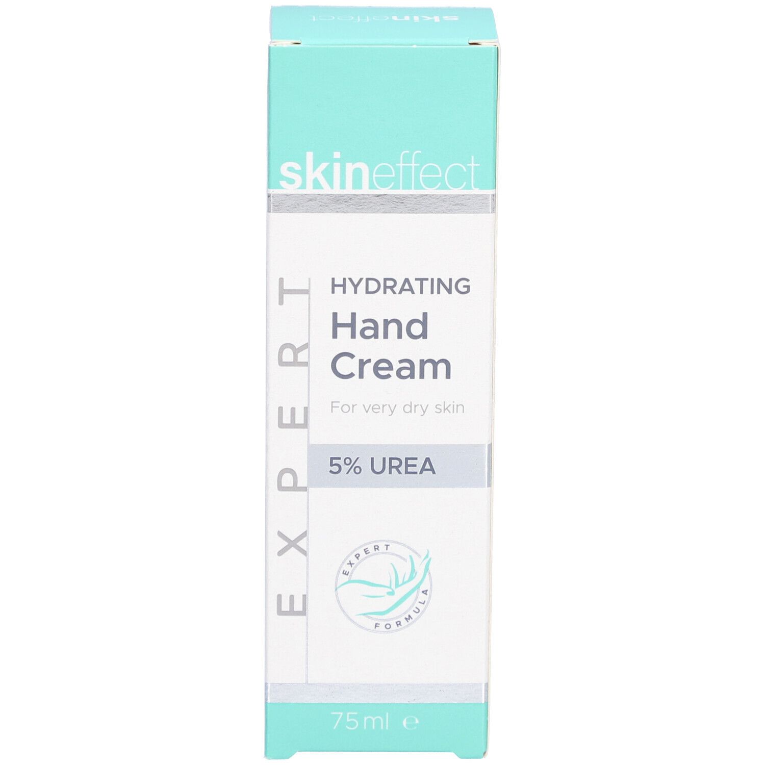 Schachtel mit Aufschrift skin effect, Hydrating Hand Cream, 5% Urea. Grün-weißes Design. 75 ml.