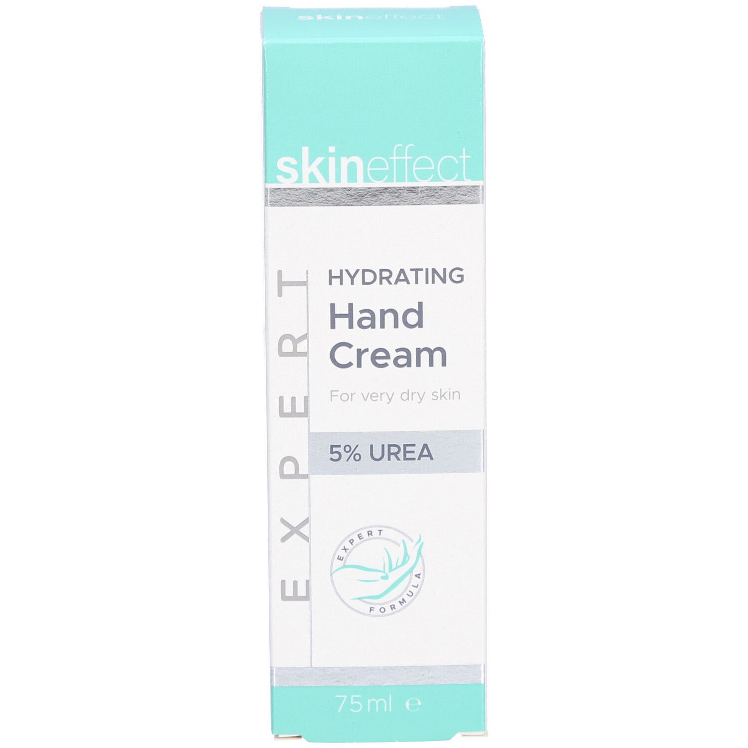 Schachtel mit Aufschrift skin effect, Hydrating Hand Cream, 5% Urea. Grün-weißes Design. 75 ml.