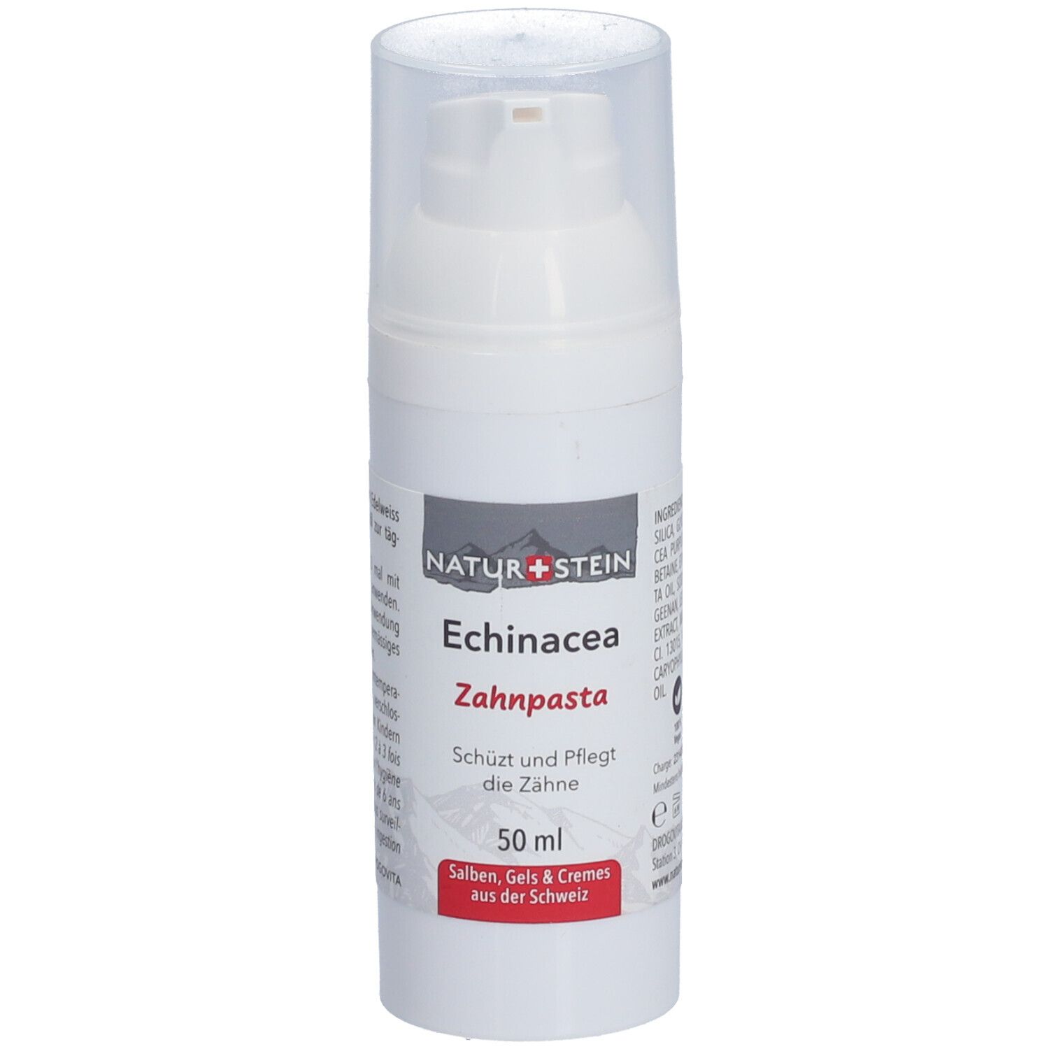 Weiße Zahnpasta-Tube mit Pumpverschluss. Beschriftung: Natur+Stein, Echinacea Zahnpasta, 50 ml.