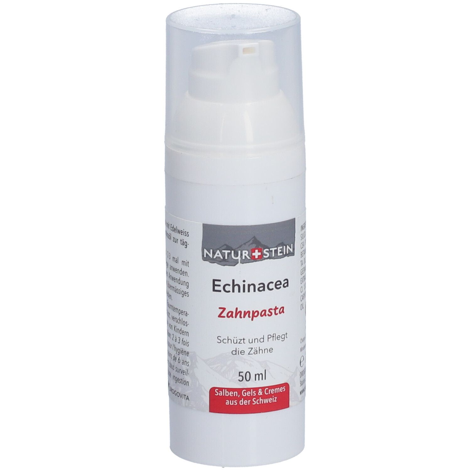 Weiße Zahnpasta-Tube mit Pumpverschluss. Beschriftung: Natur+Stein, Echinacea Zahnpasta, 50 ml.