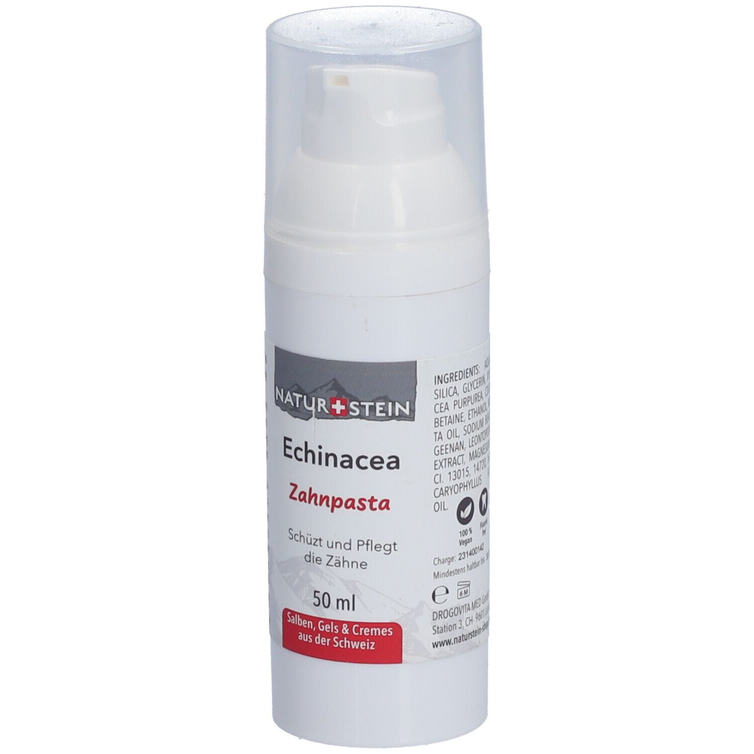 Weiße Zahnpasta-Tube mit Pumpverschluss. Beschriftung: Natur+Stein, Echinacea Zahnpasta, 50 ml. Inhaltsstoffe.