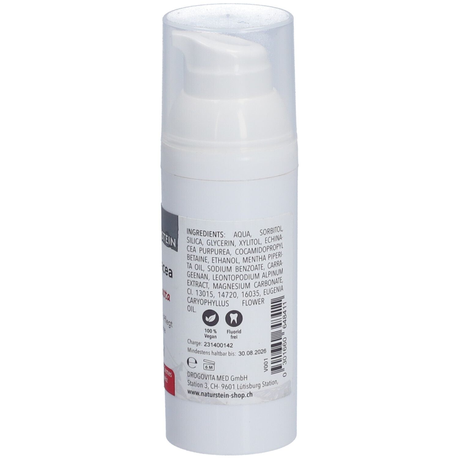 Weiße Zahnpasta-Tube mit Pumpverschluss. Beschriftung: Natur+Stein, Echinacea Zahnpasta, 50 ml. Inhaltsstoffe, Logos.