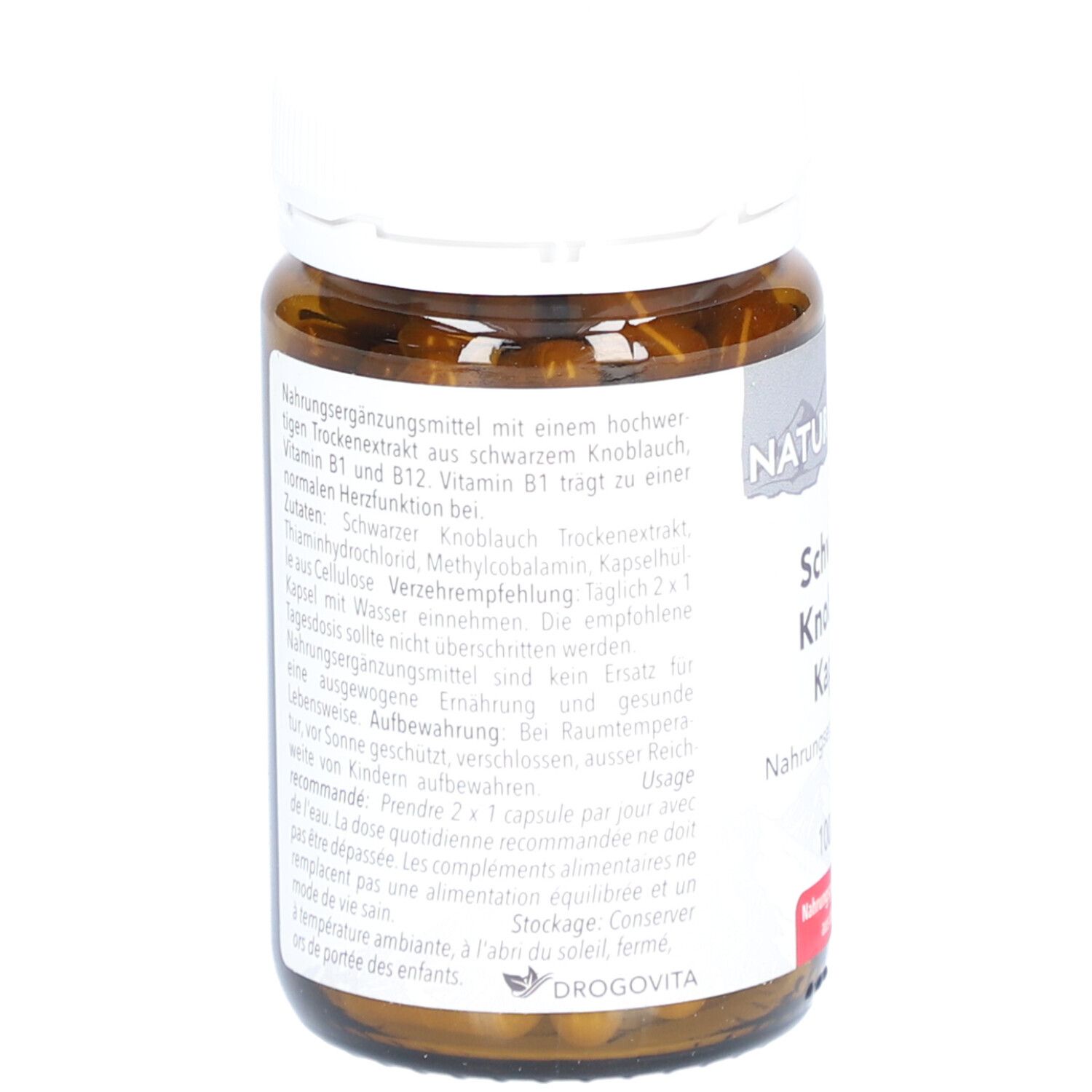 Rückseite der braunen Glasflasche. Text: Nahrungsergänzungsmittel mit Knoblauchextrakt, Vitamin B1 und B12. Drogerie-Logo.