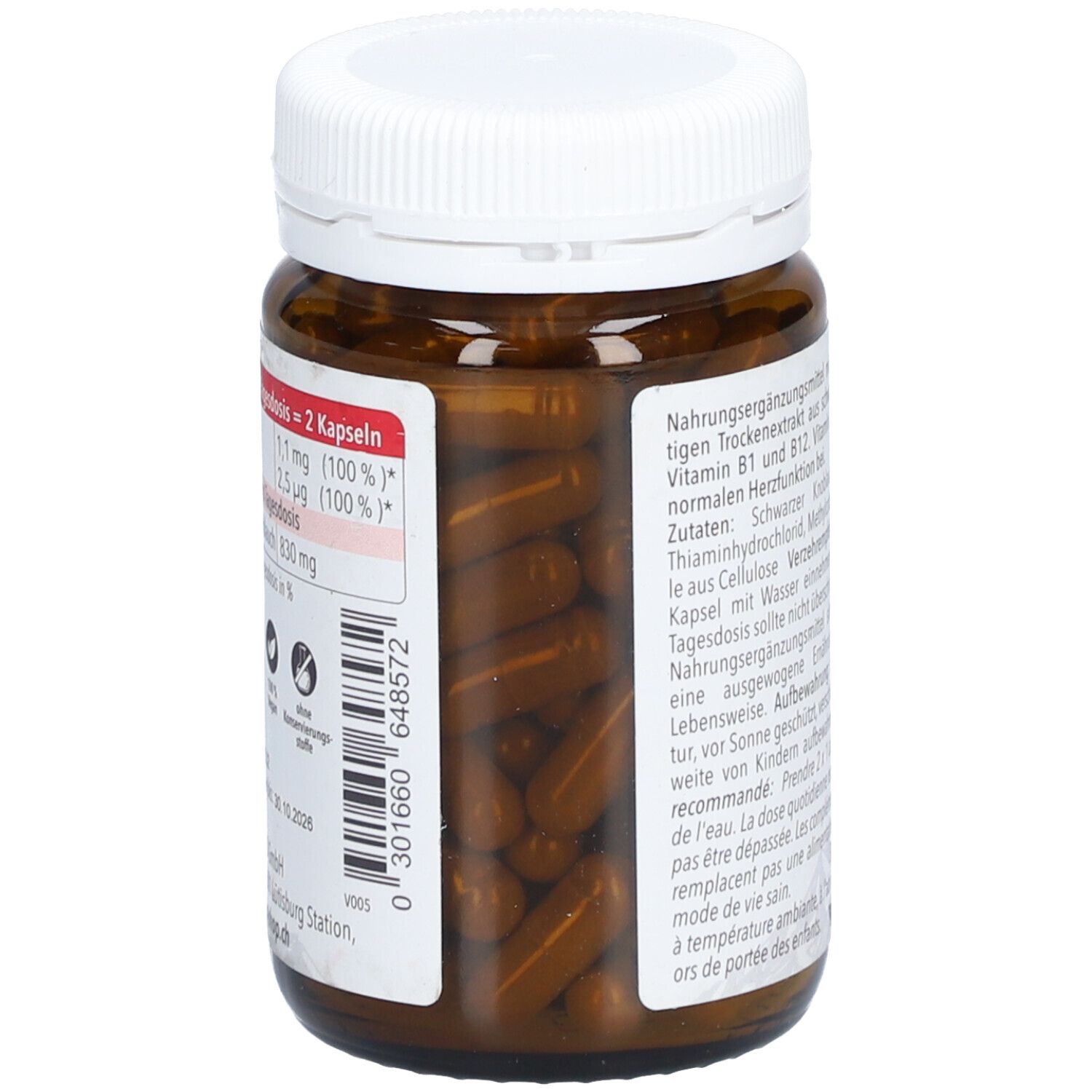 Braune Glasflasche mit weißen Deckel. Aufkleber mit Nährwertangaben pro 2 Kapseln. Enthält Vitamin B1 und B12.