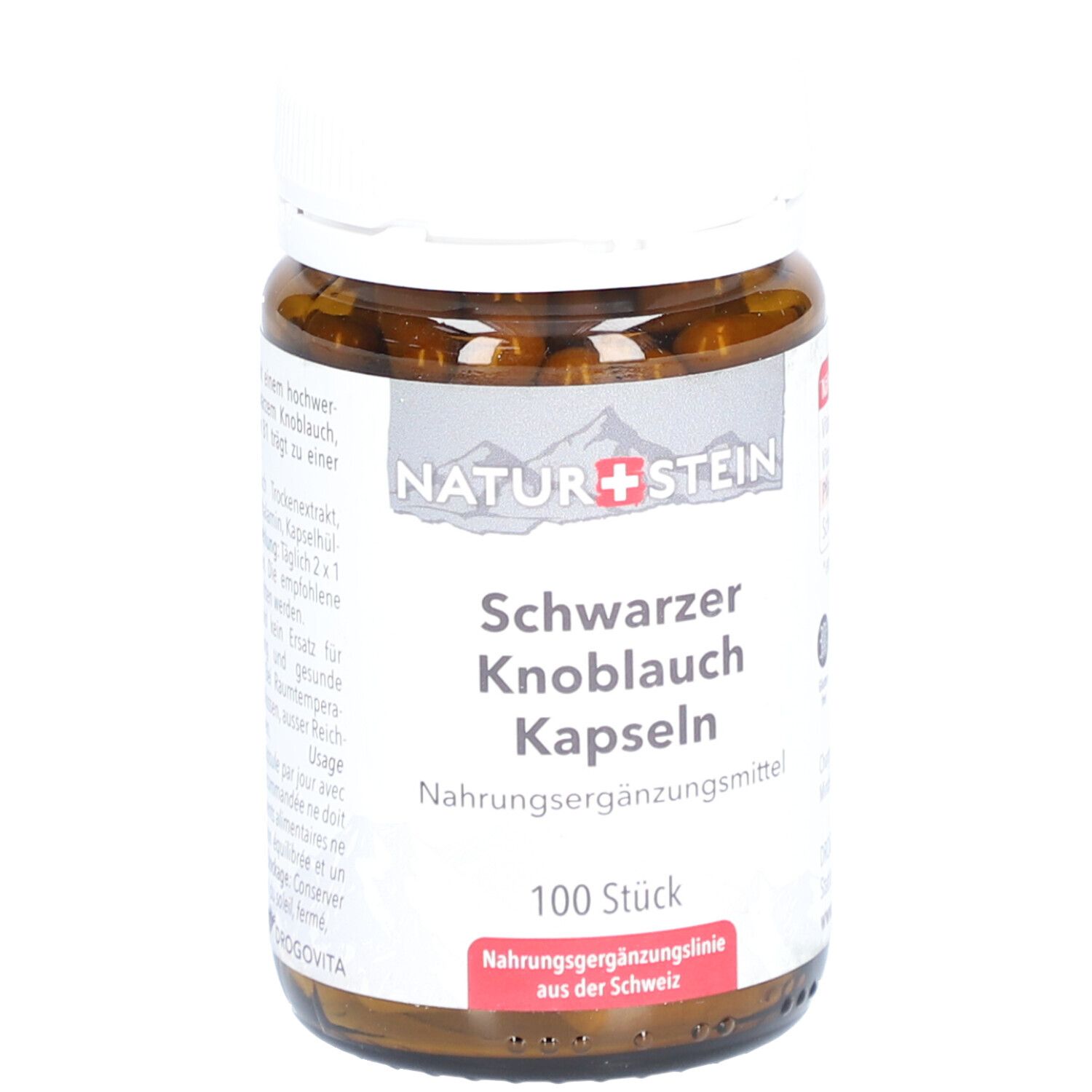 Braune Glasflasche mit weißen Deckel. Beschriftung: NATURSTEIN, Schwarzer Knoblauch Kapseln, 100 Stück. Nahrungsergänzungsmittel.