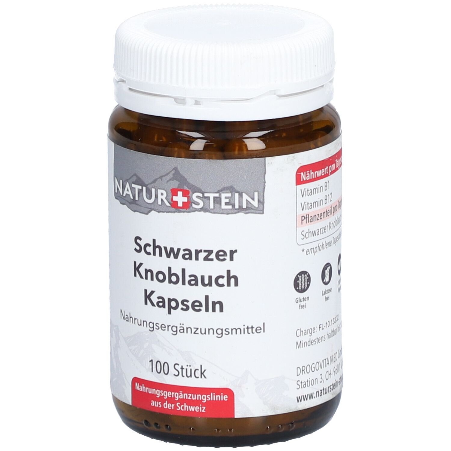 Braune Glasflasche mit weißen Deckel. Beschriftung: NATURSTEIN, Schwarzer Knoblauch Kapseln, 100 Stück. Nahrungsergänzungsmittel.