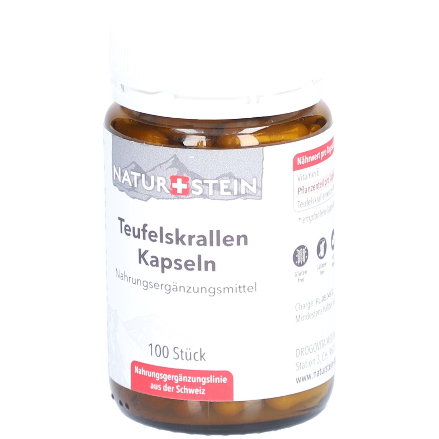 Braune Glasflasche mit weißem Deckel. Etikett mit Produktname, Marke und Inhaltsangabe. 100 Kapseln.