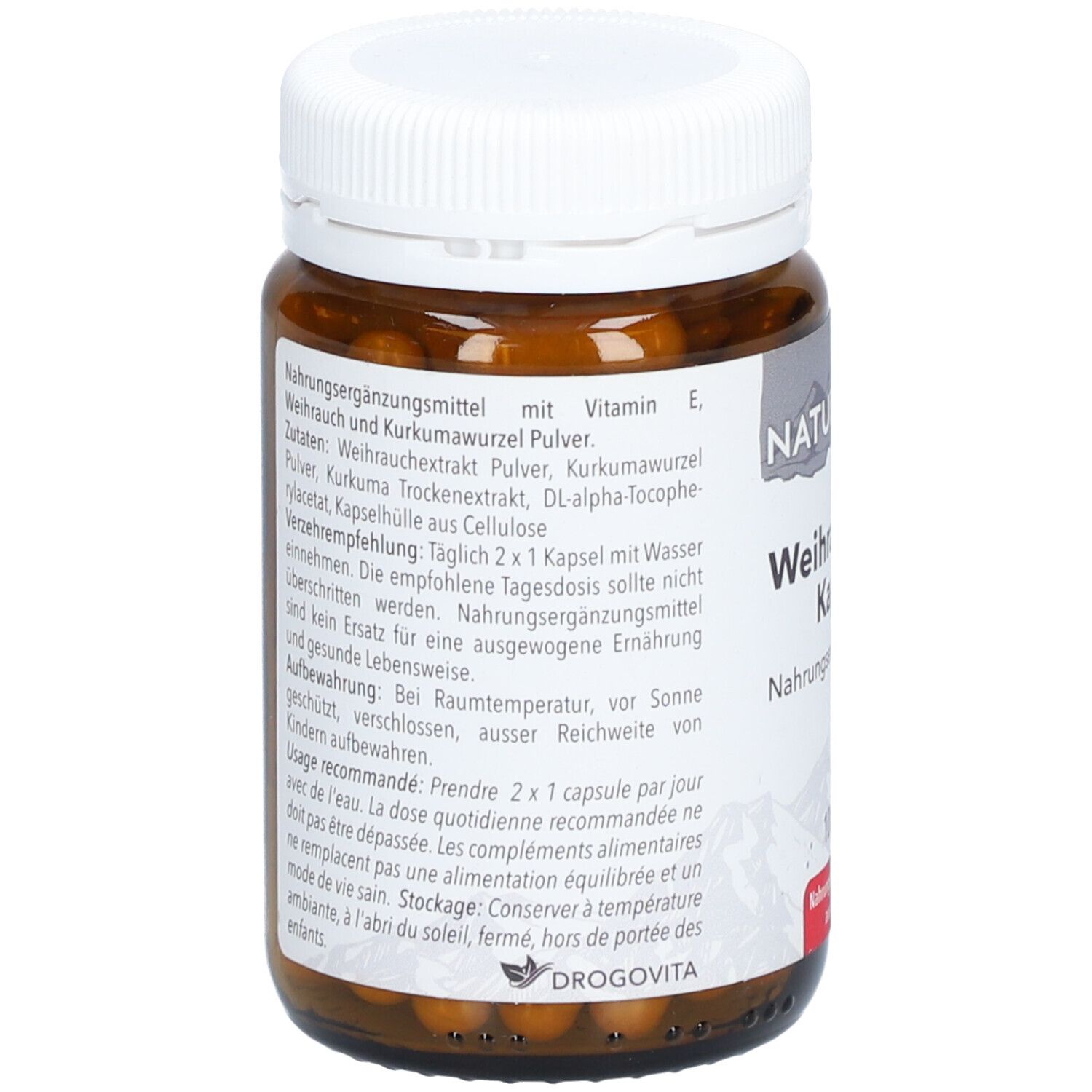 Braune Glasflasche mit weißen Deckel. Rückseite mit Text. Zutaten: Weihrauch, Kurkuma, Vitamin E. Gebrauchsanweisung in Deutsch und Französisch.