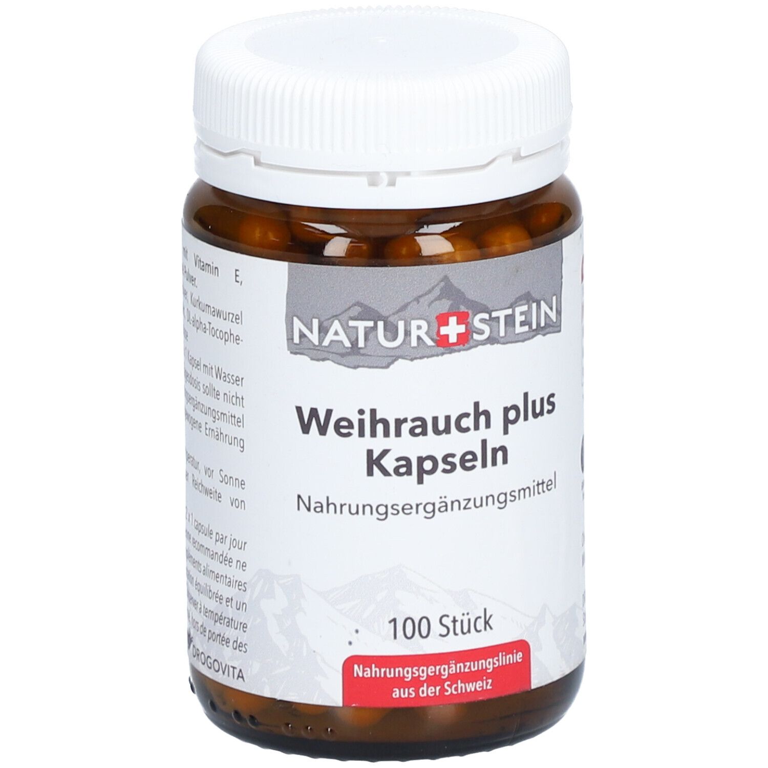 Braune Glasflasche mit weißen Deckel. Aufschrift: NATURSTEIN Weihrauch plus Kapseln. 100 Stück. Nahrungsergänzungsmittel.