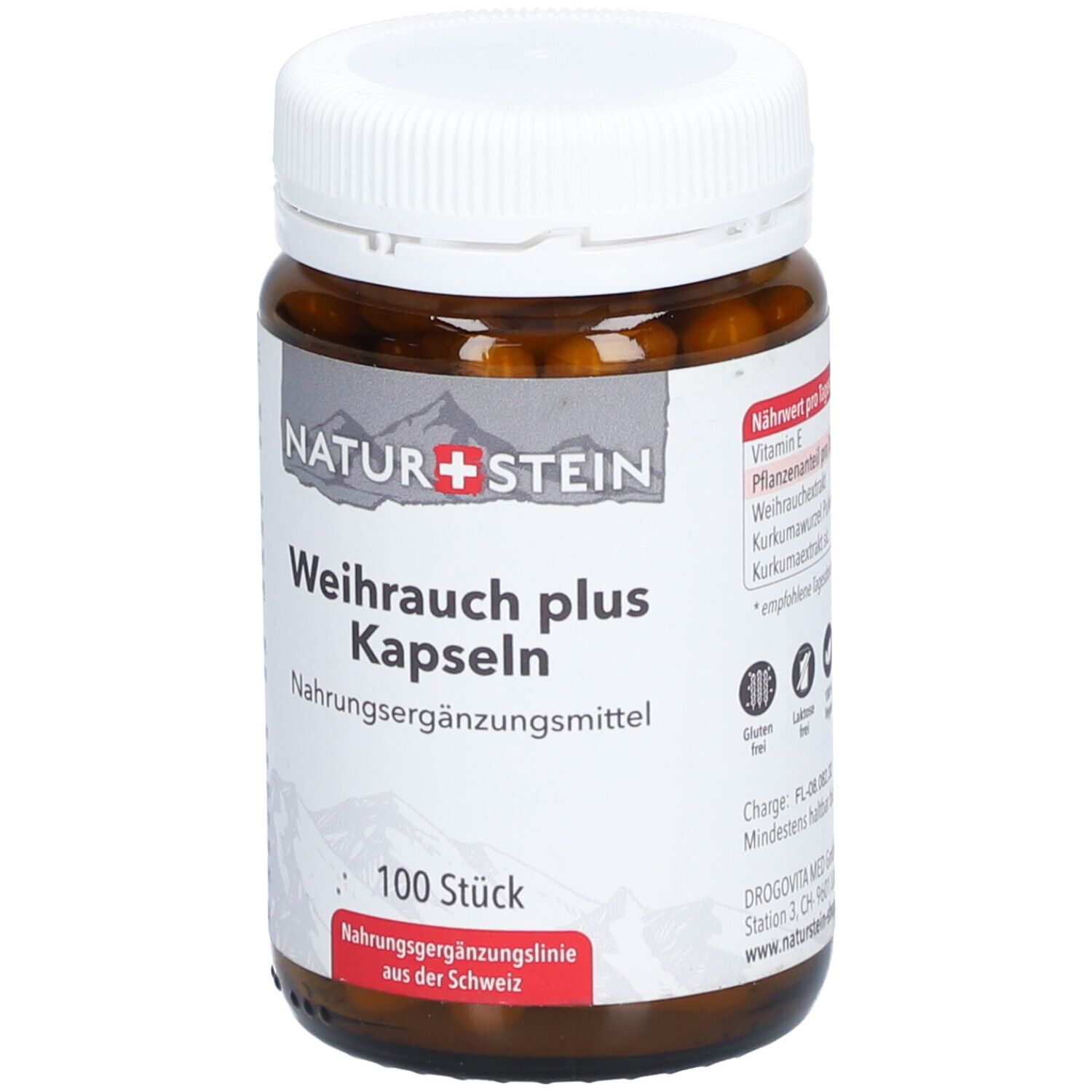 Braune Glasflasche mit weißen Deckel. Aufschrift: NATURSTEIN Weihrauch plus Kapseln. 100 Stück. Nahrungsergänzungsmittel.