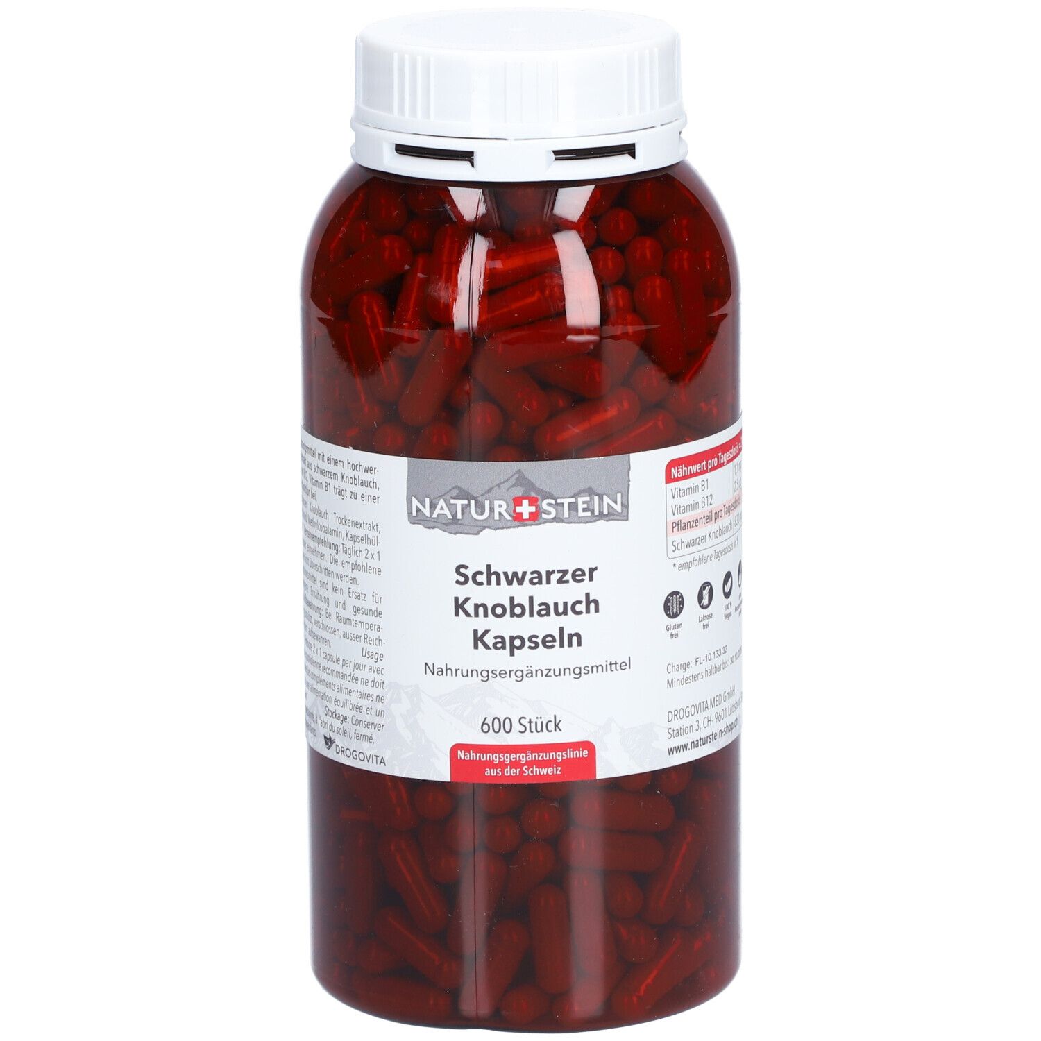 Transparente Flasche mit schwarzen Knoblauch Kapseln. Aufschrift: NATURSTEIN Schwarzer Knoblauch Kapseln. 600 Stück.