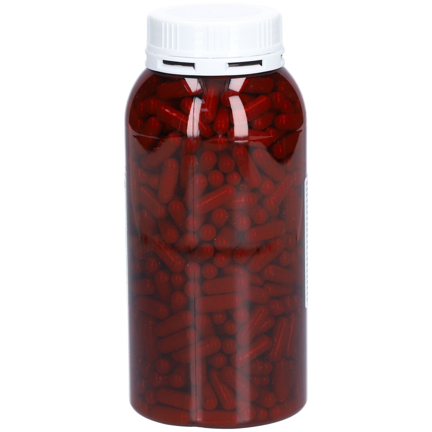 Transparente Flasche gefüllt mit schwarzen Knoblauch Kapseln. Der Behälter ist mit einem weißen Deckel verschlossen.