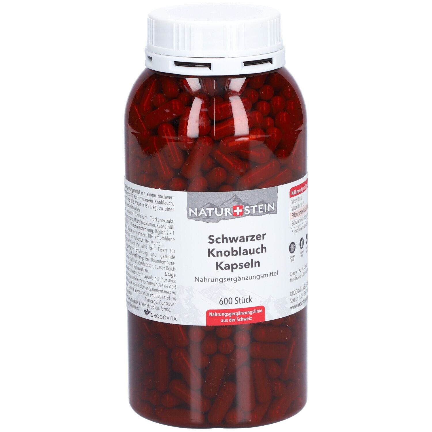 Flasche mit schwarzen Knoblauch Kapseln. Aufschrift: NATURSTEIN Schwarzer Knoblauch Kapseln. 600 Stück. Weißer Deckel.
