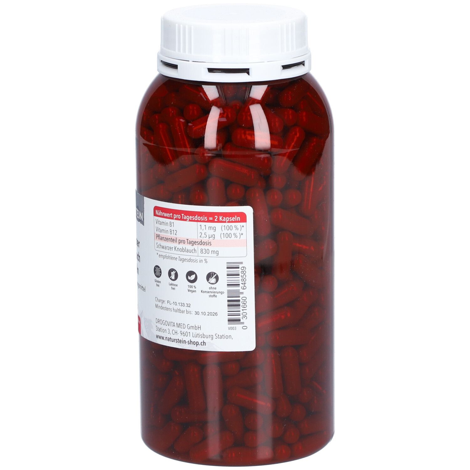 Rückansicht der Flasche mit schwarzen Knoblauch Kapseln. Etikett mit Nährwertangaben. Weißer Deckel.