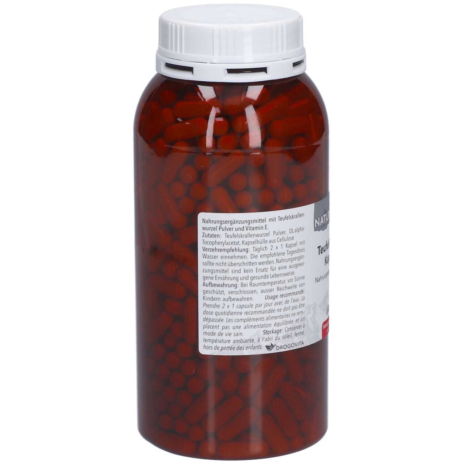 Flacon transparent avec capsules brunes et couvercle blanc. Étiquette avec texte, ingrédients et recommandation de dosage.