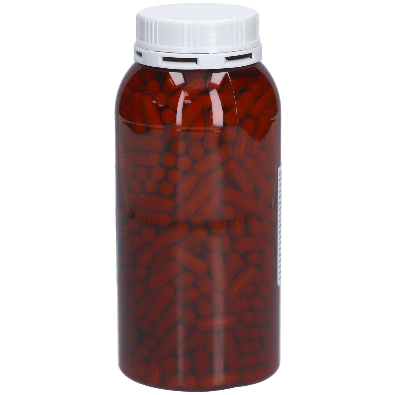 Flacon transparent avec capsules brunes et couvercle blanc. Les capsules sont visibles à l'intérieur du flacon.