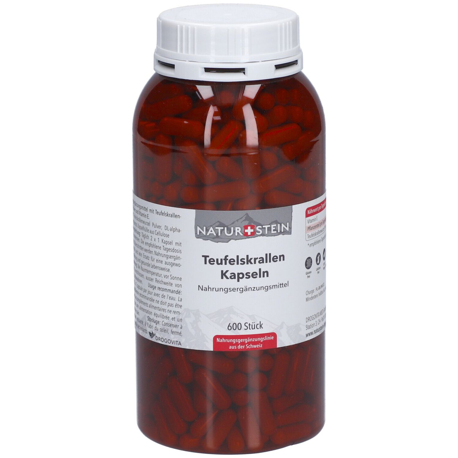 Capsules brunes dans un flacon transparent avec un couvercle blanc. L'étiquette indique NATURSTEIN Teufelskrallen Kapseln, 600 pièces.