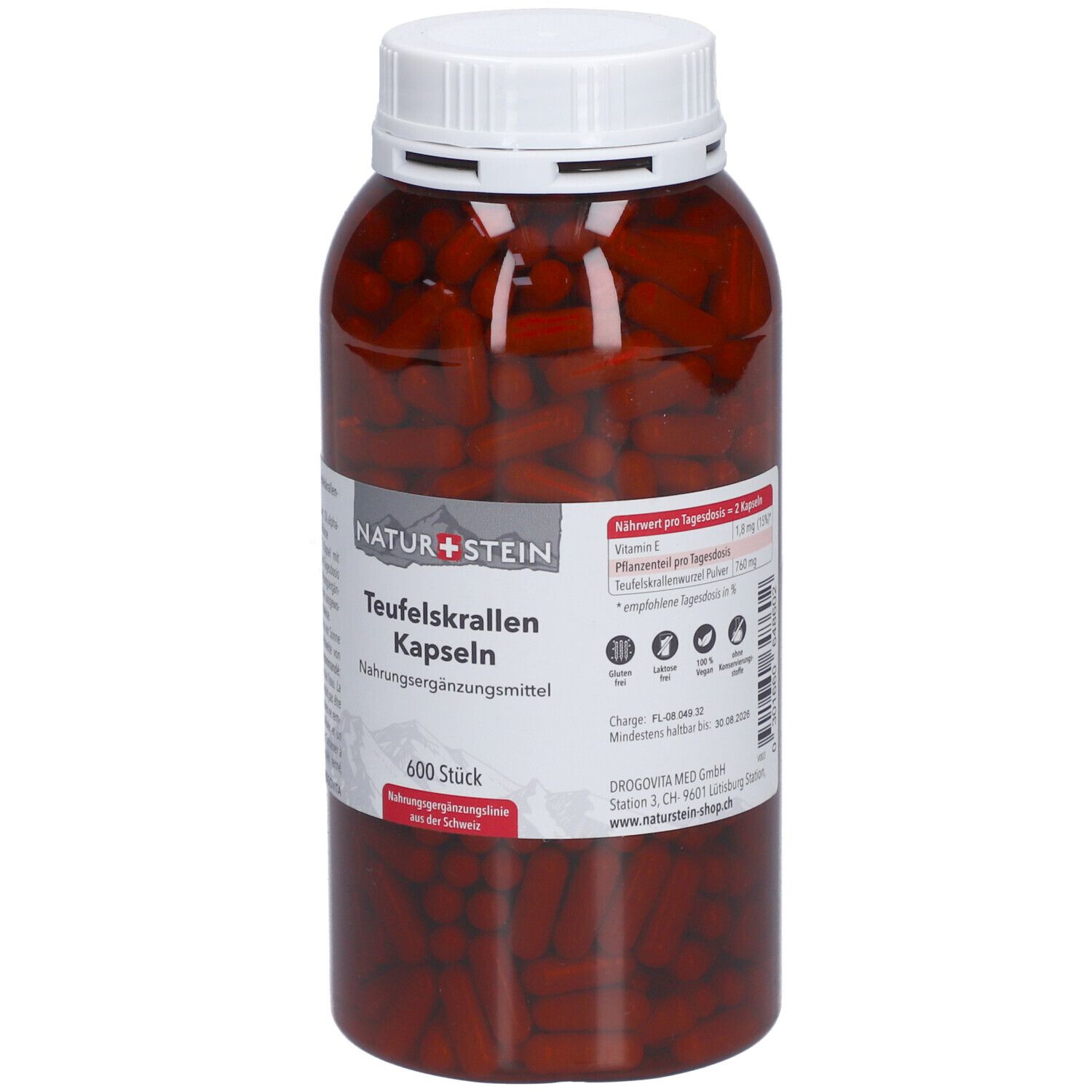 Capsules brunes dans un flacon transparent avec couvercle blanc. Étiquette avec informations produit, NATURSTEIN Teufelskrallen Kapseln, 600 pièces.