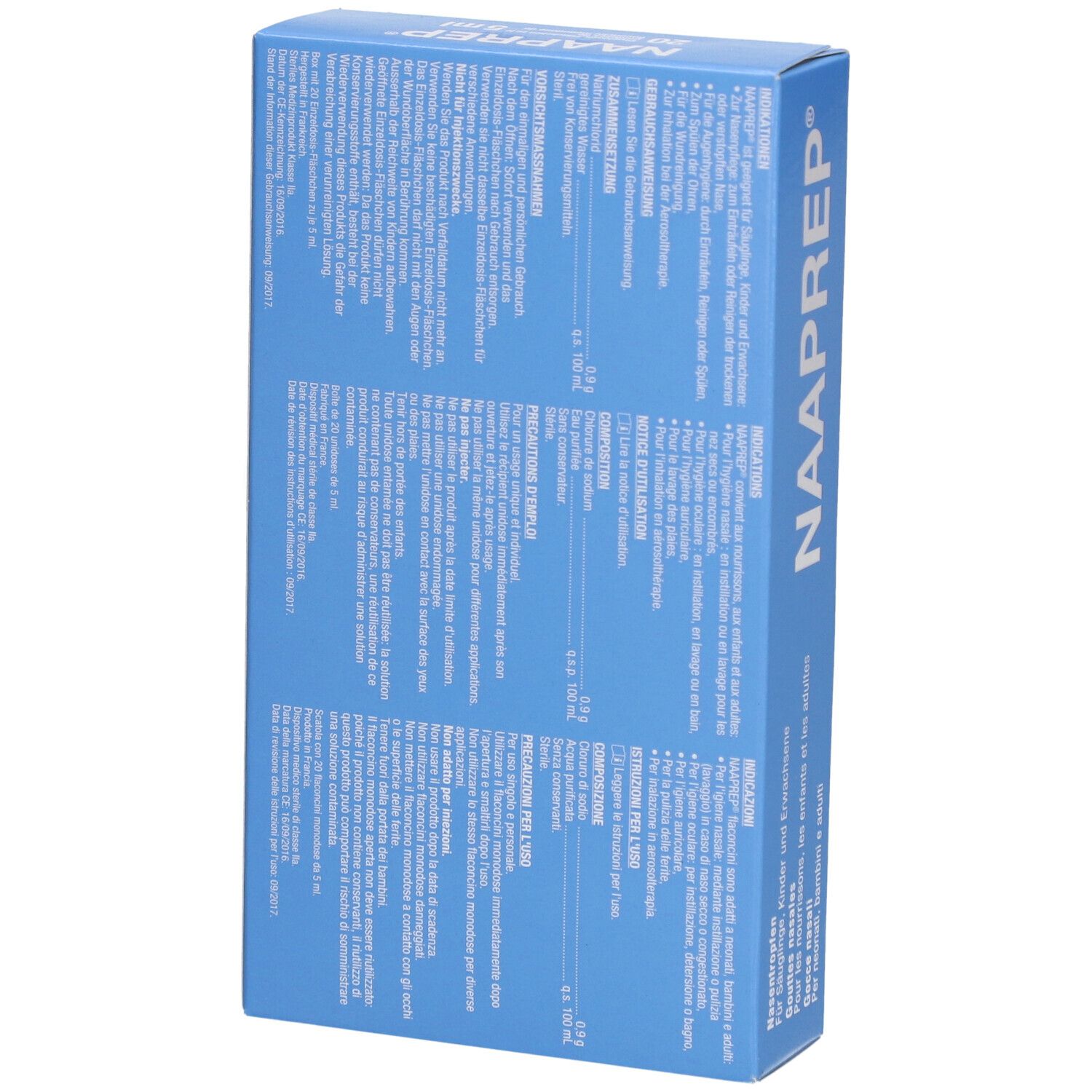 Blaue Verpackung mit weißem Text, zeigt Produktinformationen und den Markennamen NAAPREP.