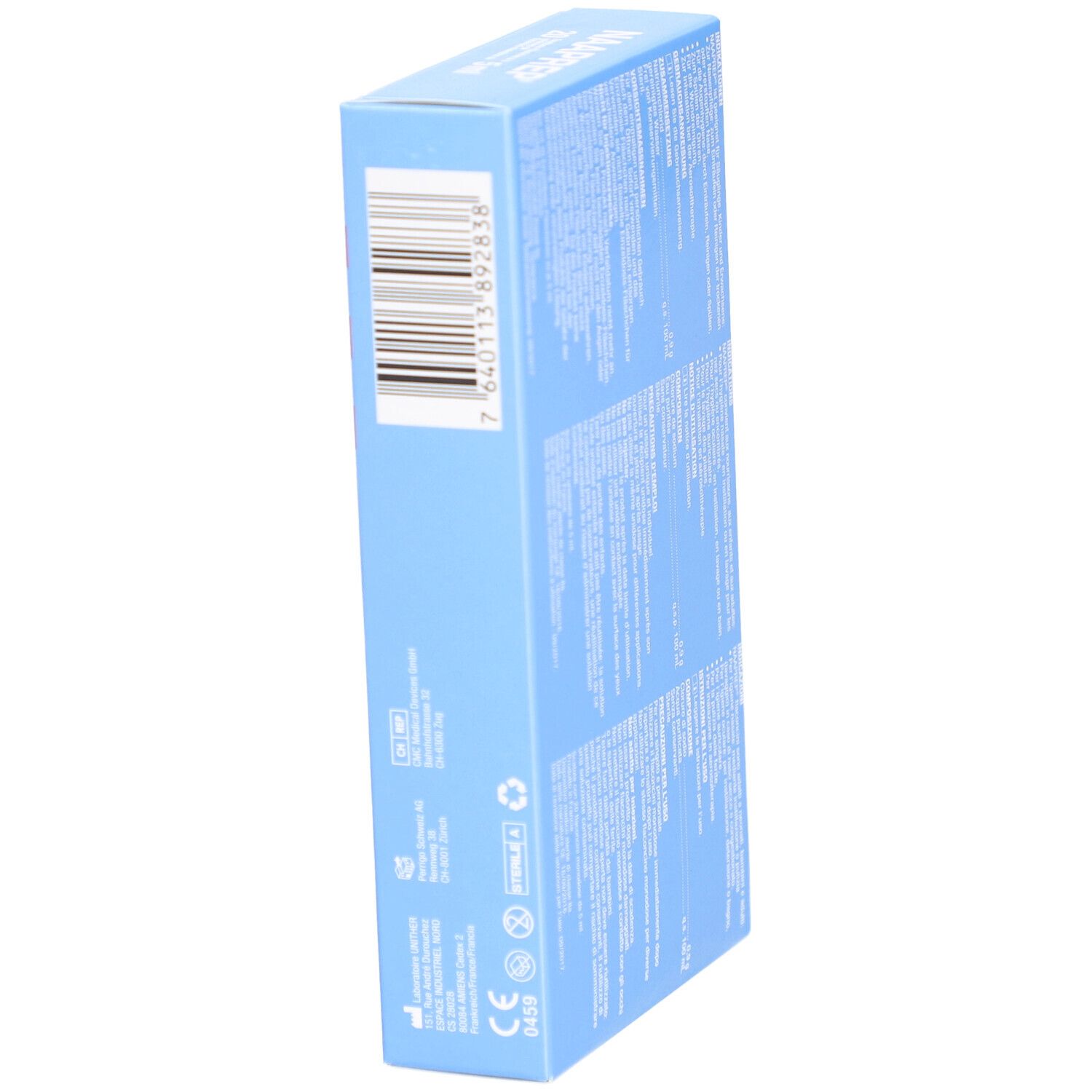 Hellblaue Verpackung mit Barcode und CE-Kennzeichnung.