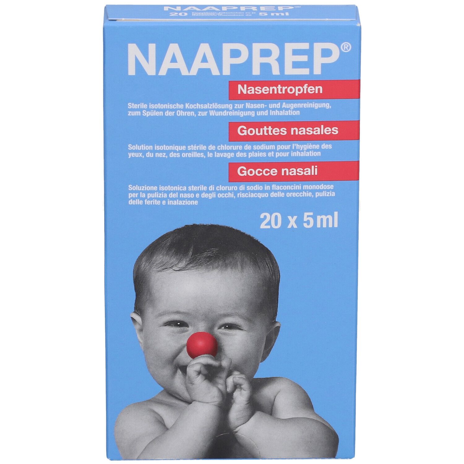 NAAPREP Nasentropfen: Sterile Kochsalzlösung zur Nasen- und Augenreinigung, zum Spülen der Ohren, zur Wundreinigung und Inhalation. 20 x 5ml.