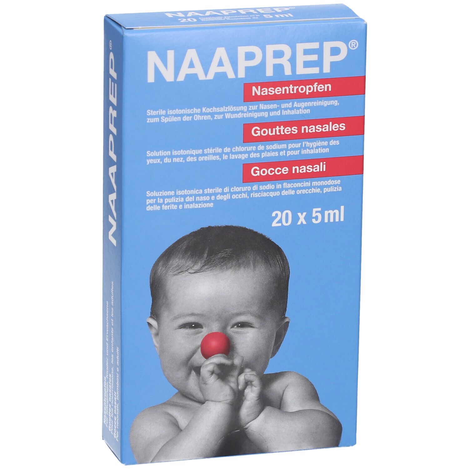 NAAPREP Nasentropfen Box mit 20x5ml Ampullen. Sterile isotonische Kochsalzlösung für Nase und Augen.