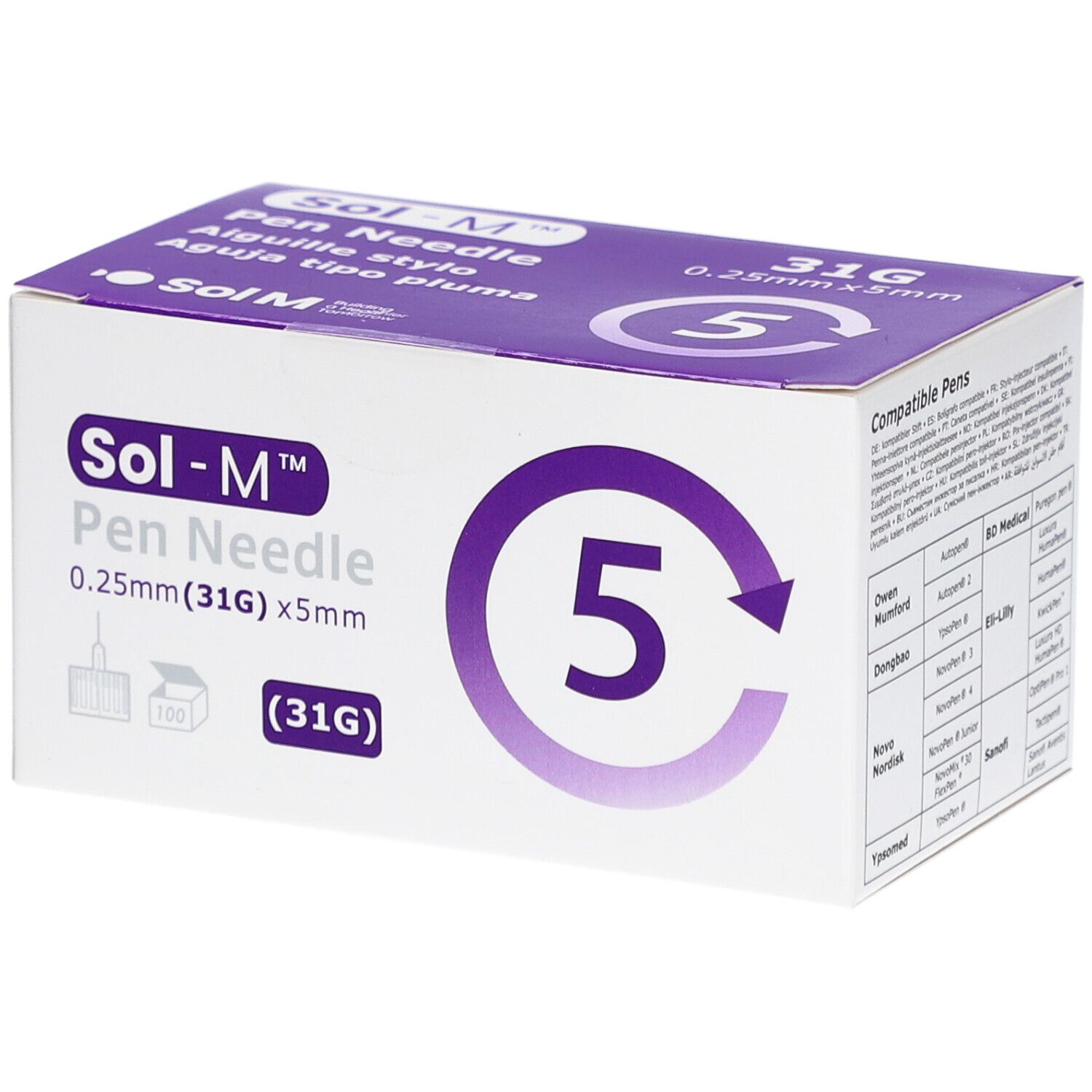 Sol-M Pen Needle-Verpackung. Weißer Karton mit lila Akzenten. Aufdruck: 0,25 mm (31G) x 5 mm, 5 Nadeln.