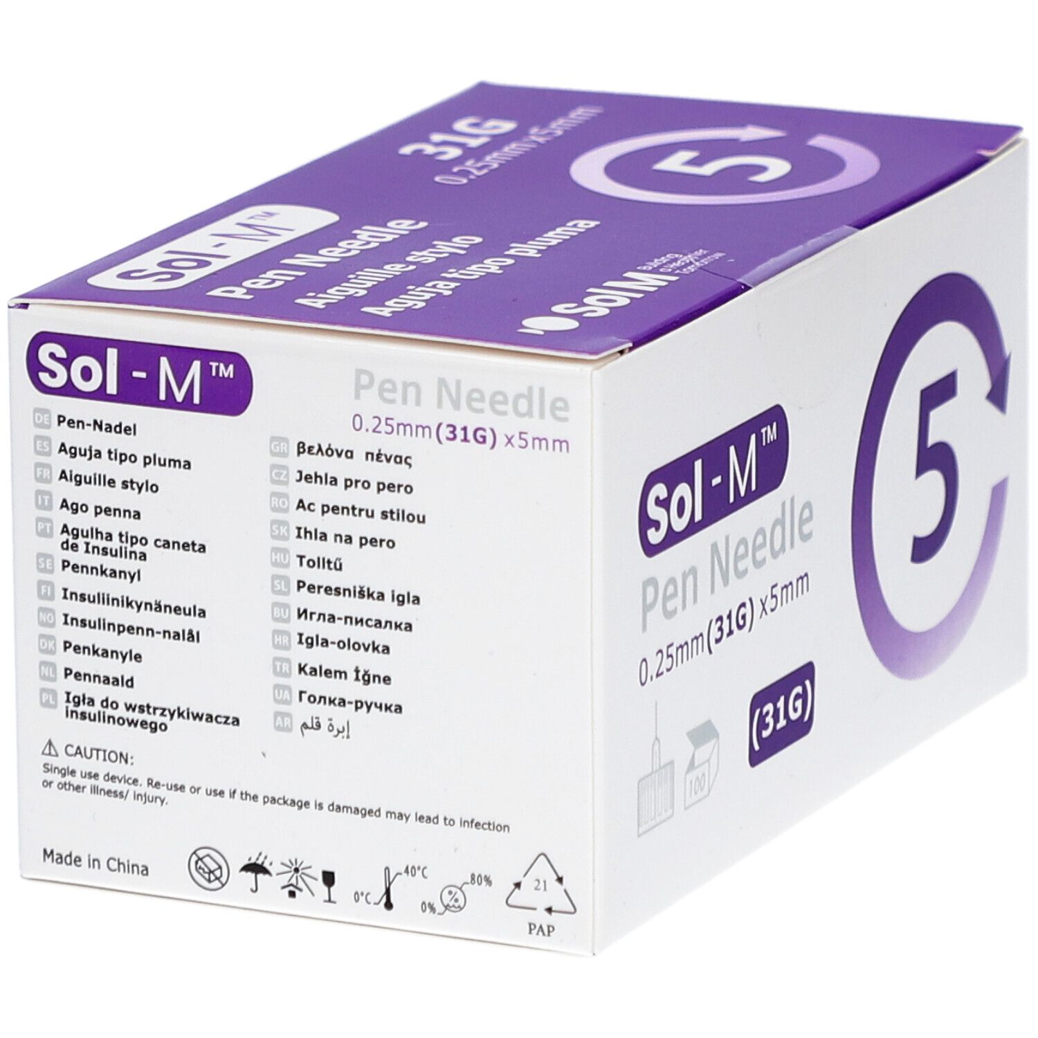 Sol-M Pen Needle-Verpackung. Weißer Karton mit lila Akzenten. Aufdruck: 0,25 mm (31G) x 5 mm, 5 Nadeln. Mehrsprachige Texte.