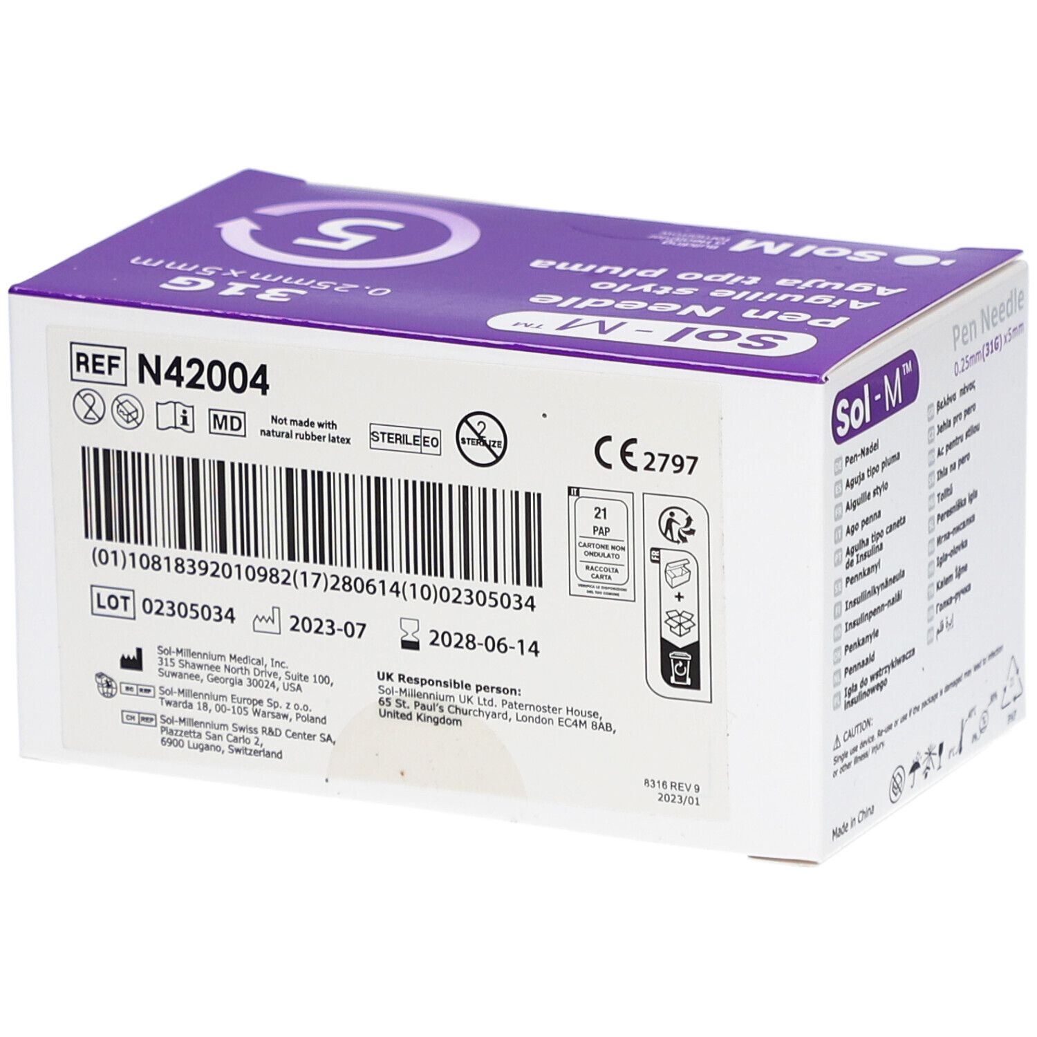 Rückseite der Sol-M Pen Needle-Verpackung. Informationen, Chargennummer, Haltbarkeitsdatum, CE-Kennzeichnung.