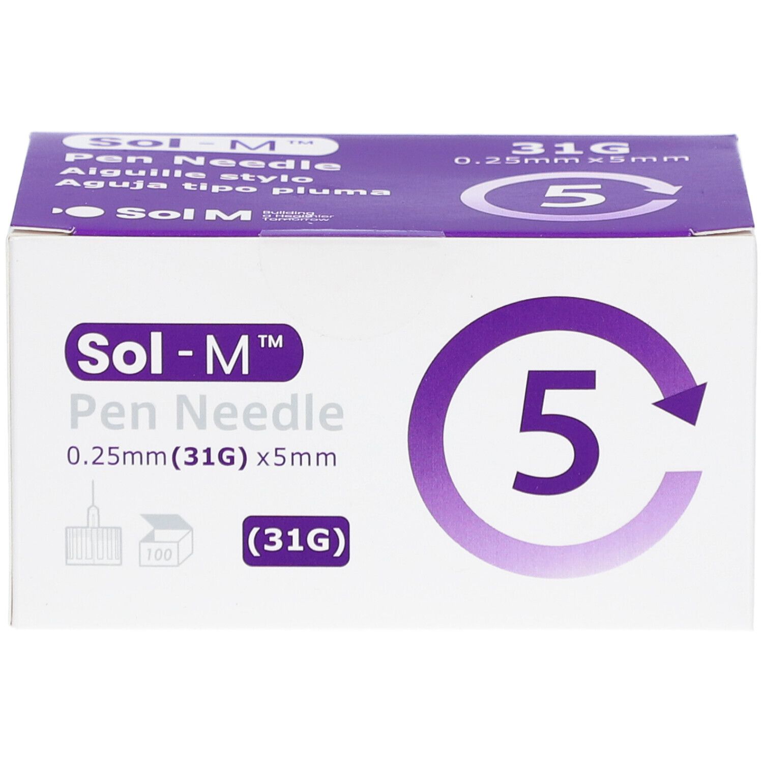 Sol-M Pen Needle-Verpackung. Weißer Karton mit lila Akzenten. Aufdruck: 0,25 mm (31G) x 5 mm, 5 Nadeln.