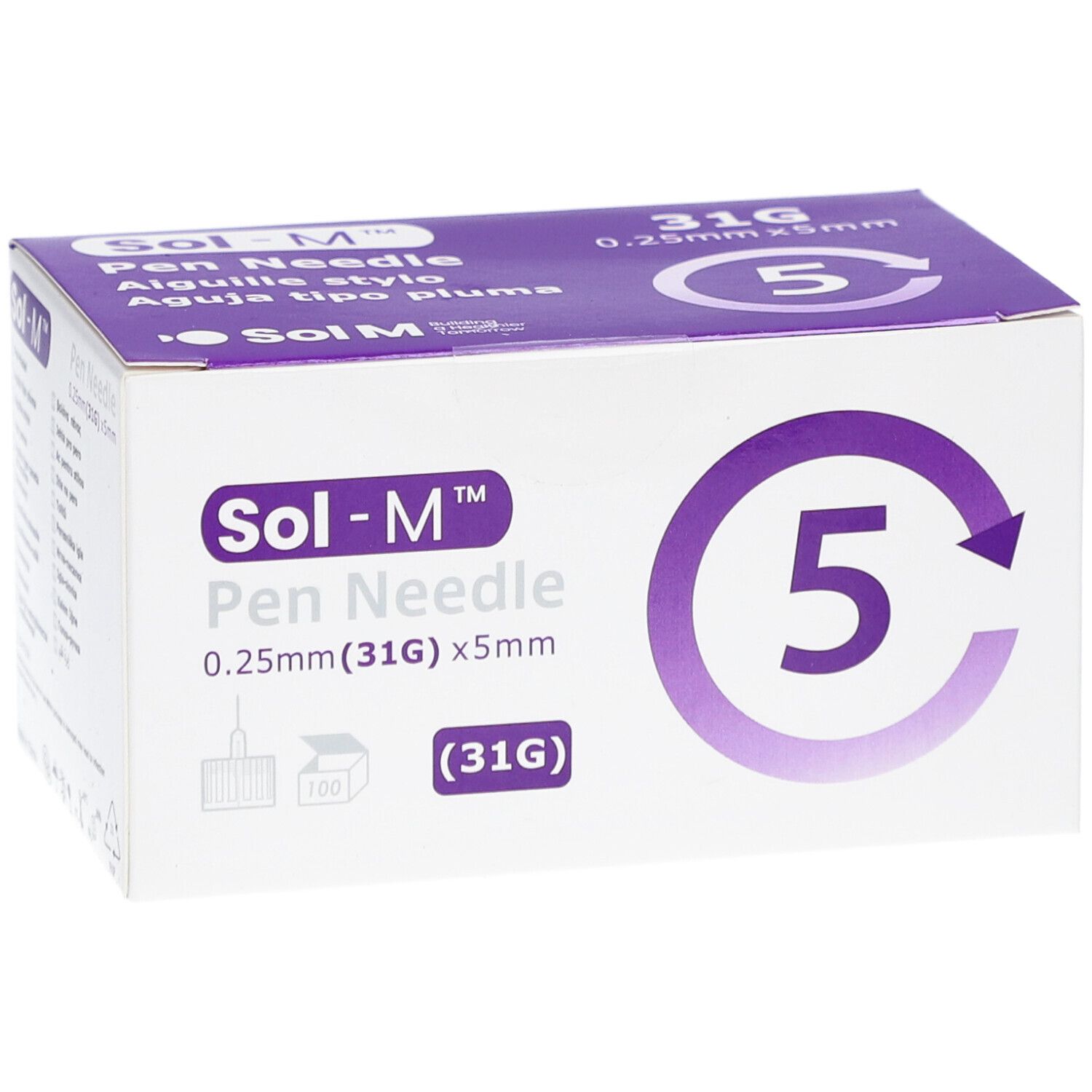 Sol-M Pen Needle-Verpackung. Weißer Karton mit lila Akzenten. Aufdruck: 0,25 mm (31G) x 5 mm, 5 Nadeln.