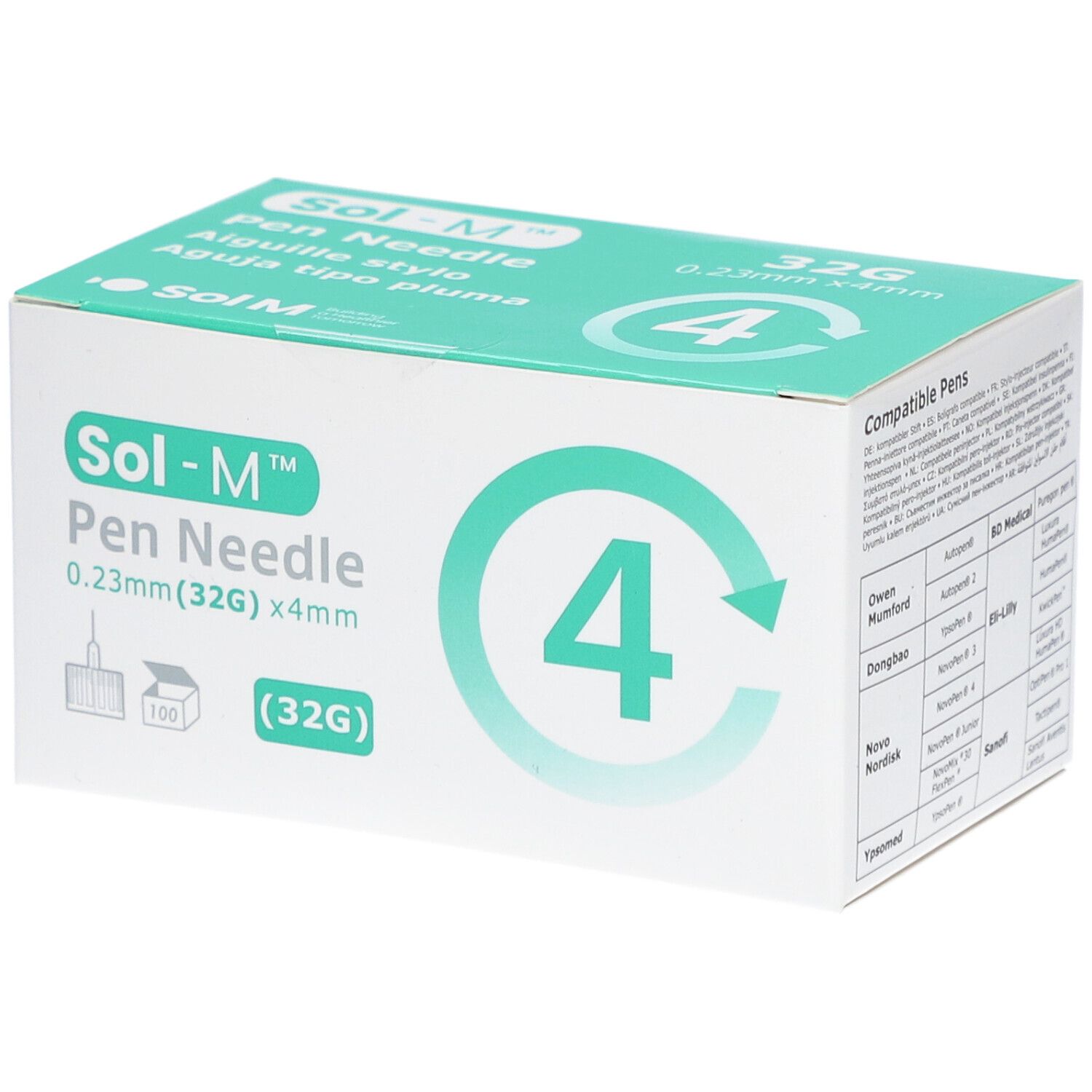 Verpackung Sol-M Pen Nadeln. 32G, 0,23 mm x 4 mm. Box mit 4 Nadeln. Aufdruck: 100 Stück. Grün-weiße Box.