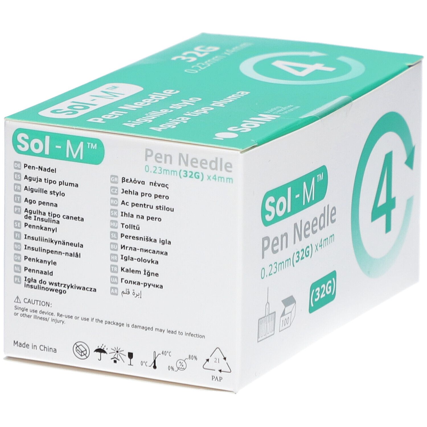 Sol-M Pen Nadeln Verpackung. 32G, 0,23 mm x 4 mm. Box mit 4 Nadeln. Aufdruck: 100 Stück. Grün-weiße Box. Warnhinweis.