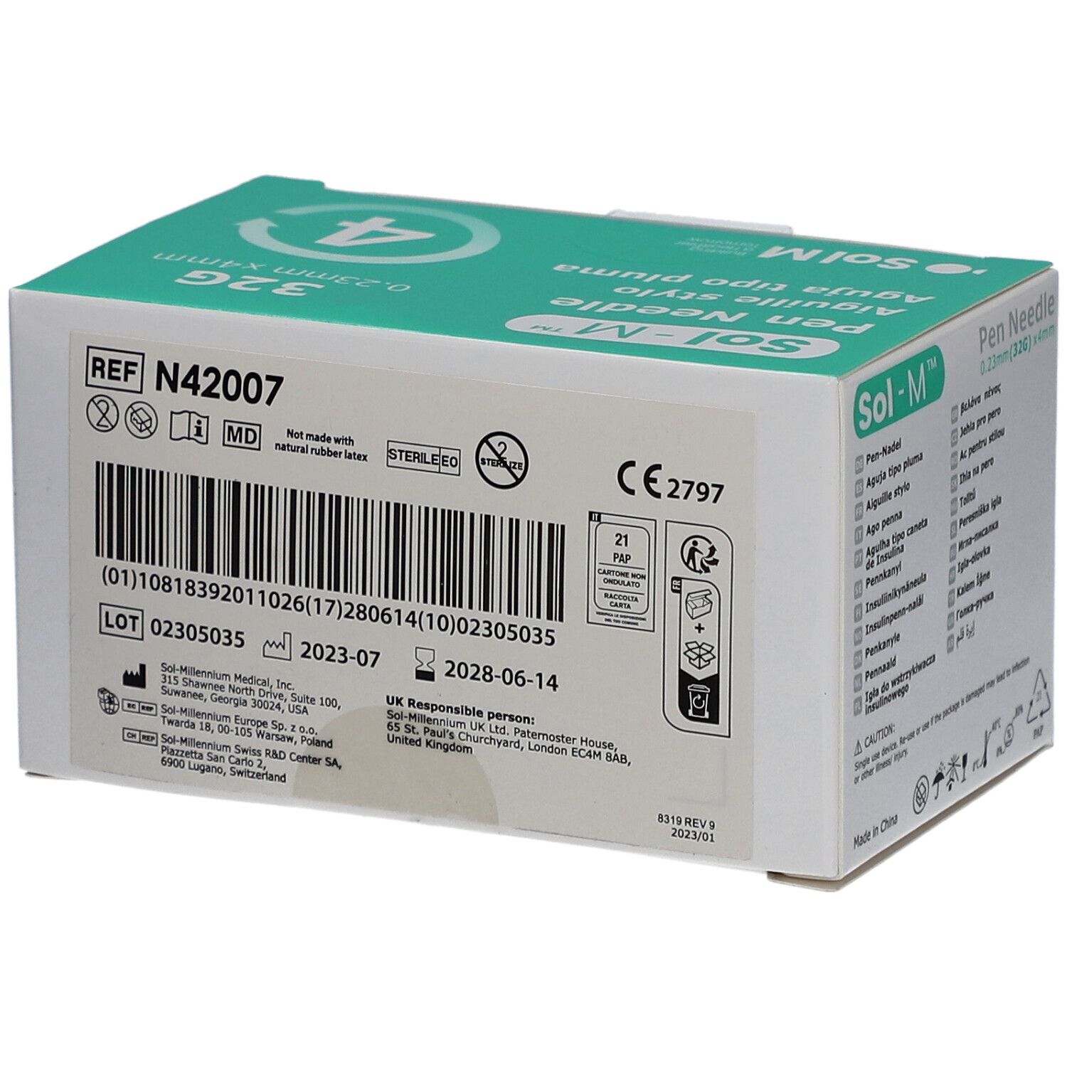 Rückseite der Sol-M Pen Nadeln Verpackung. 32G, 0,23 mm x 4 mm. Box mit Chargennummer, Verfallsdatum, MD-Kennzeichnung, CE-Zeichen.