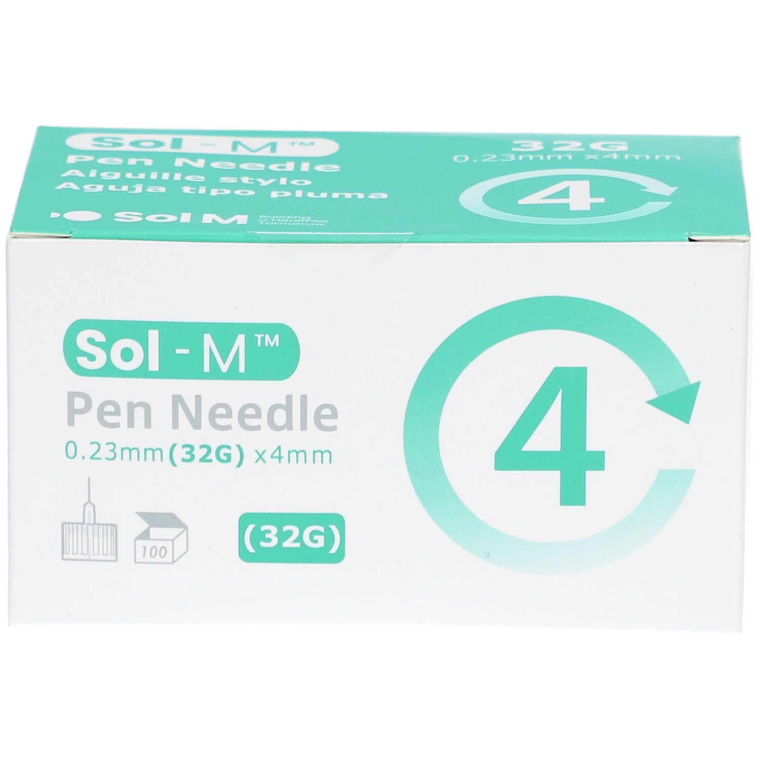Sol-M Pen Nadeln Verpackung. 32G, 0,23 mm x 4 mm. Box mit 4 Nadeln. Aufdruck: 100 Stück. Grün-weiße Box.
