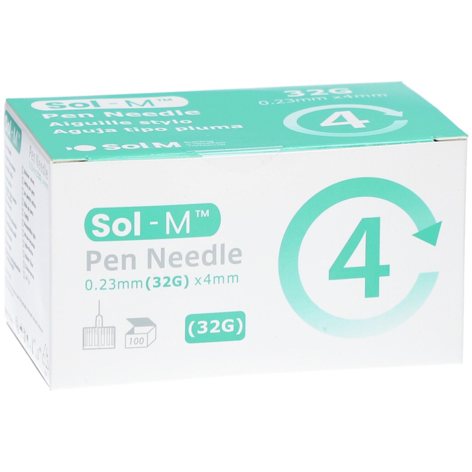 Sol-M Pen Nadeln Verpackung. 32G, 0,23 mm x 4 mm. Box mit 4 Nadeln. Aufdruck: 100 Stück. Grün-weiße Box.