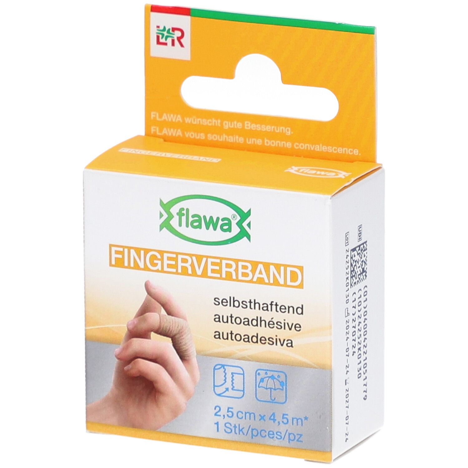 Verpackung der FLAWA Fingerverband. Aufdruck: Fingerverband, selbsthaftend, 2,5 cm x 4,5 m. Hand mit Fingerverband abgebildet.