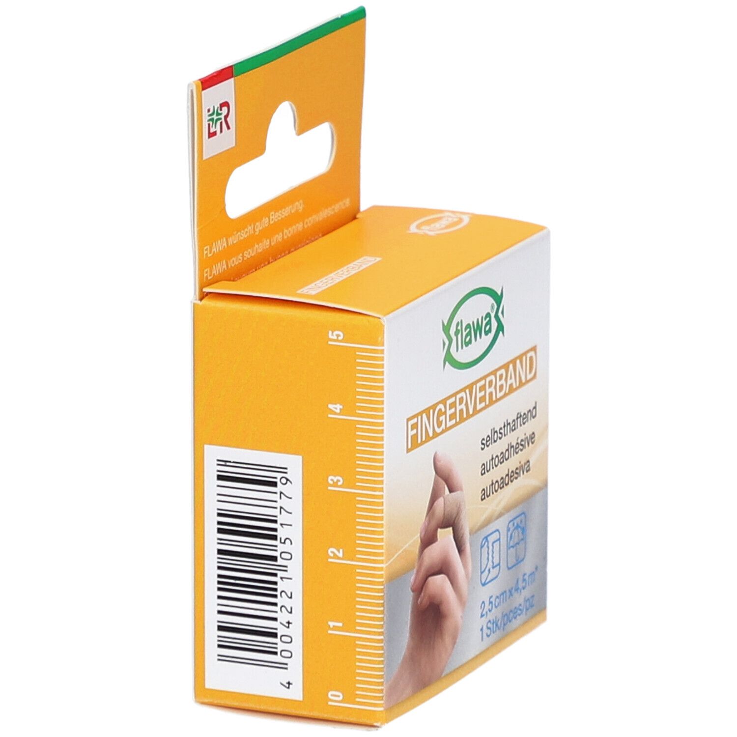 Seitenansicht der FLAWA Fingerverband Verpackung. Aufdruck: Fingerverband, selbsthaftend, 2,5 cm x 4,5 m. Skala an der Seite.