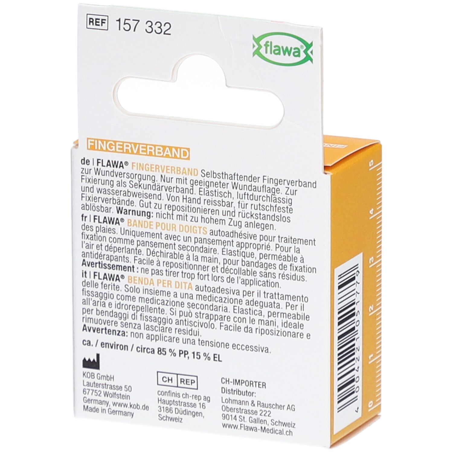 Rückseite der FLAWA Fingerverband Verpackung. Text in Deutsch, Französisch und Italienisch. Informationen zum Produkt.