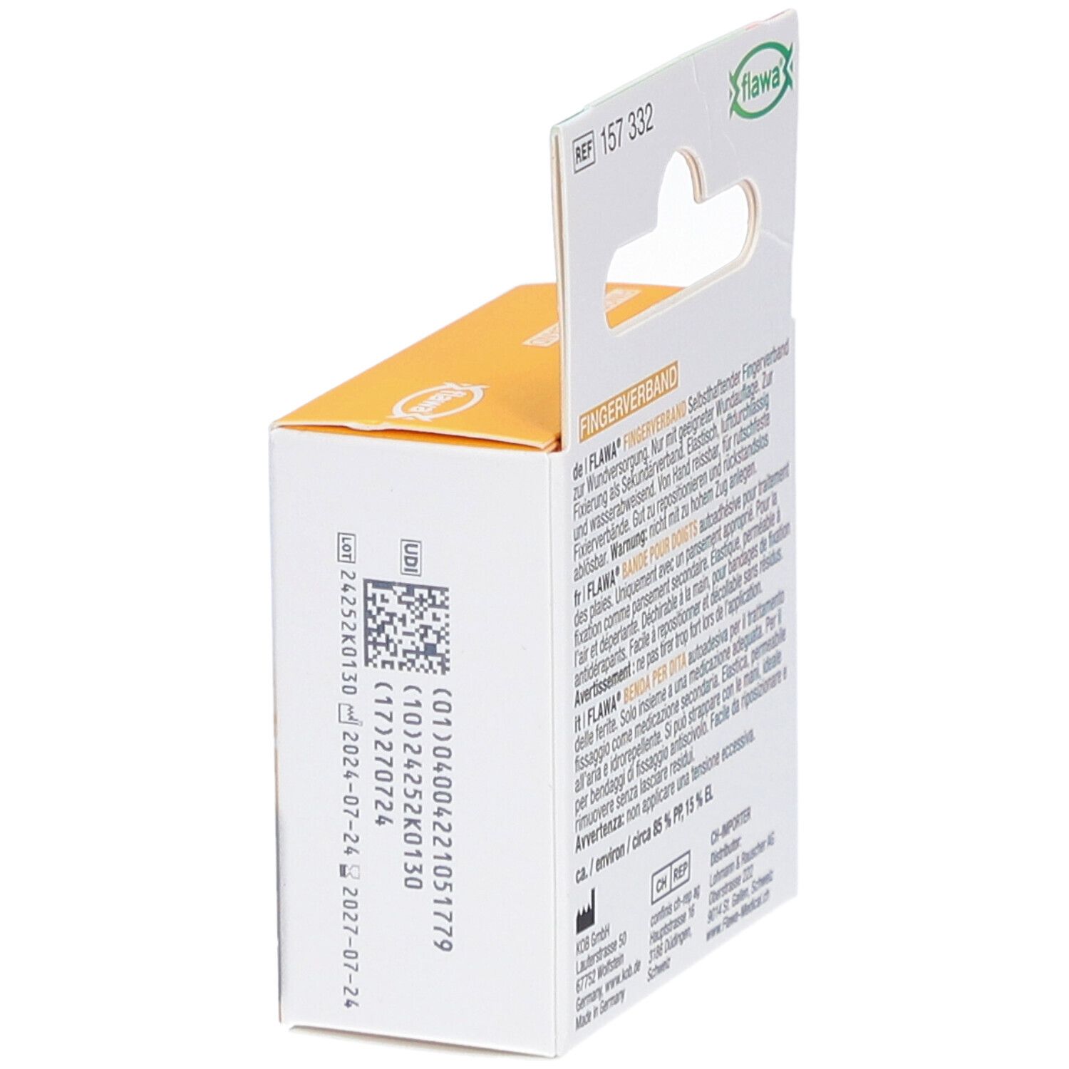 Seitenansicht der FLAWA Fingerverband Verpackung. Aufdruck: Fingerverband, selbsthaftend. Barcode und Chargennummer.