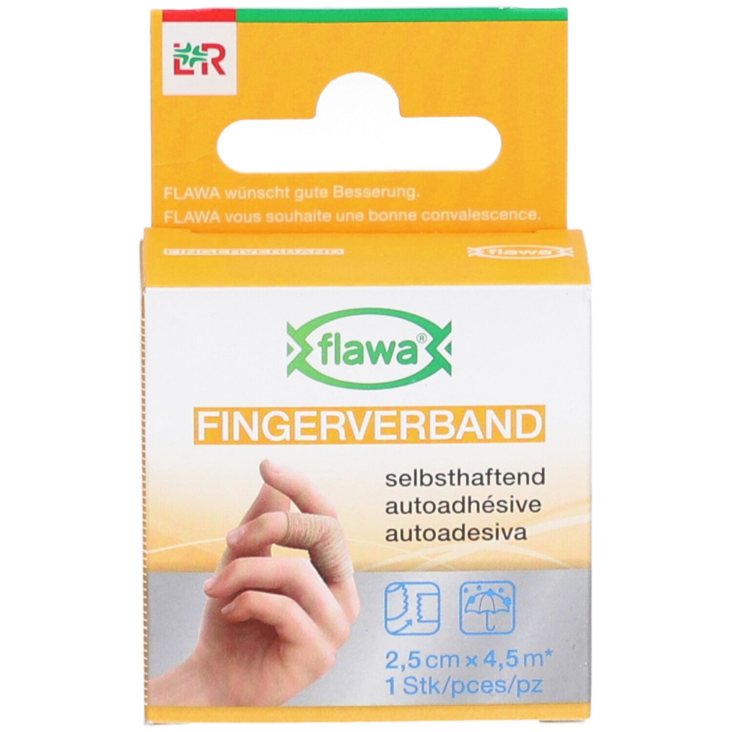 Vorderansicht der FLAWA Fingerverband Verpackung. Aufdruck: Fingerverband, selbsthaftend, 2,5 cm x 4,5 m. Hand mit Fingerverband abgebildet.