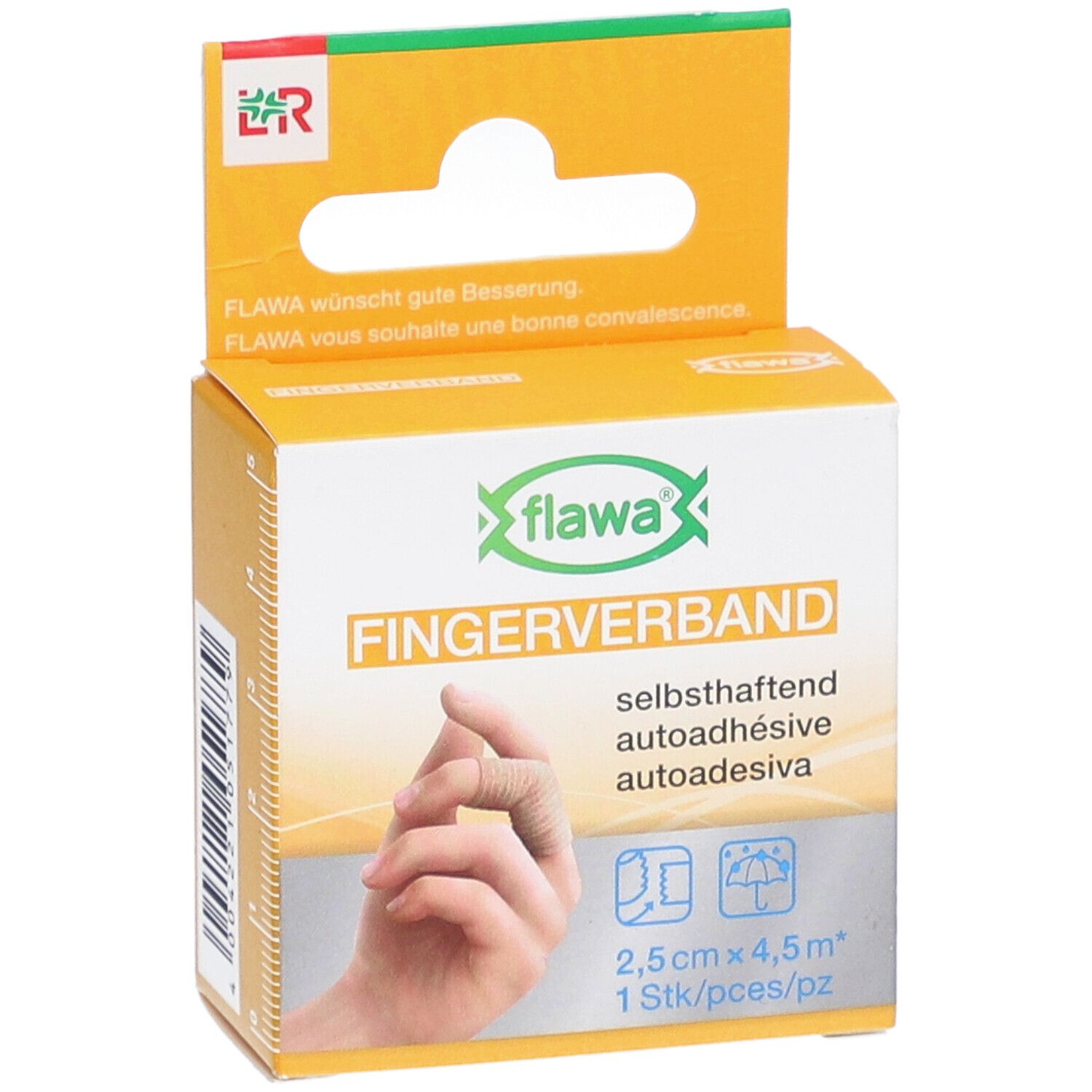 Vorderansicht der FLAWA Fingerverband Verpackung. Aufdruck: Fingerverband, selbsthaftend, 2,5 cm x 4,5 m. Hand mit Fingerverband abgebildet.