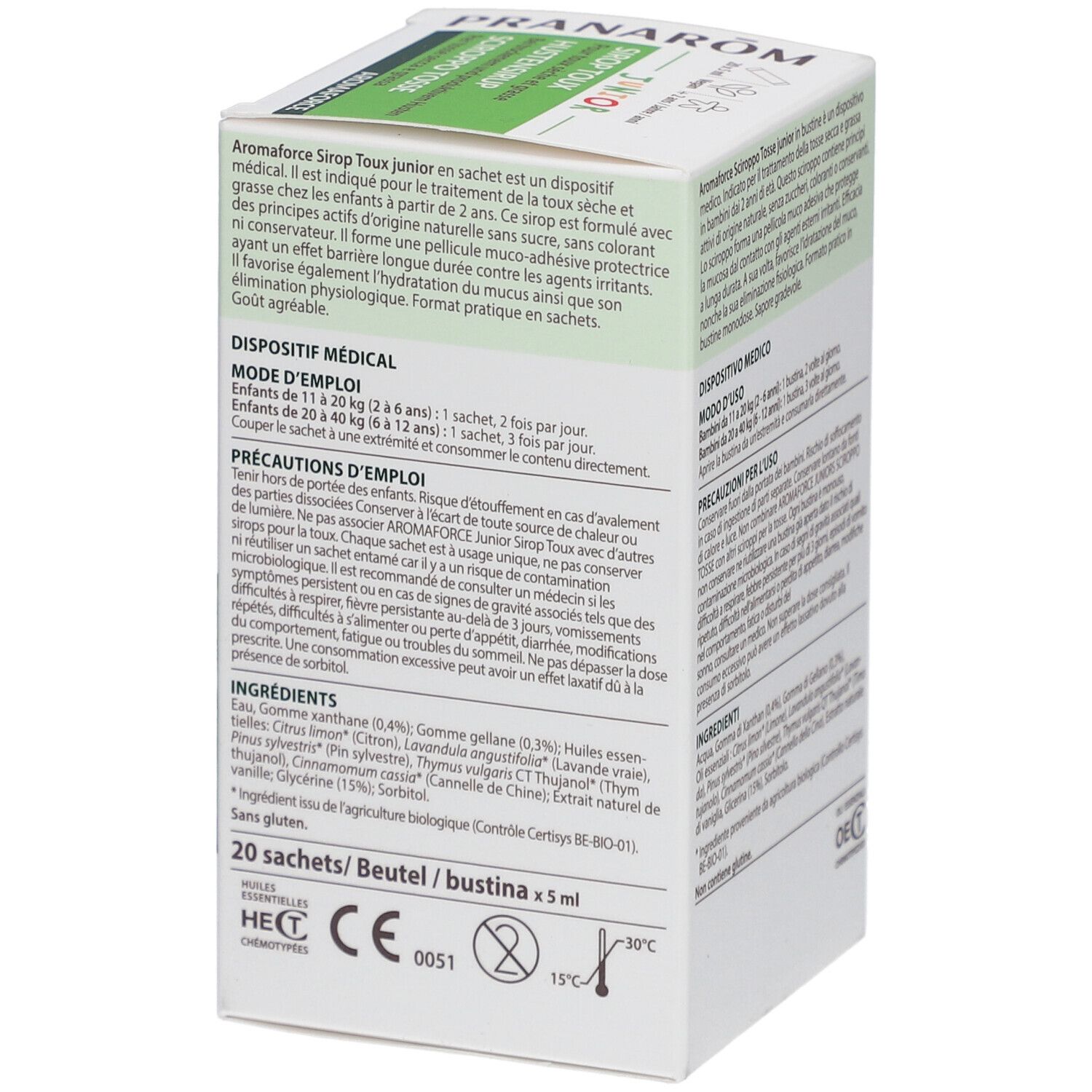 Verpackung mit Text: Modo d'uso, Precauzioni per l'uso, Inhaltsstoffe. Marke Pranarôm, Junior Sirop Toux.