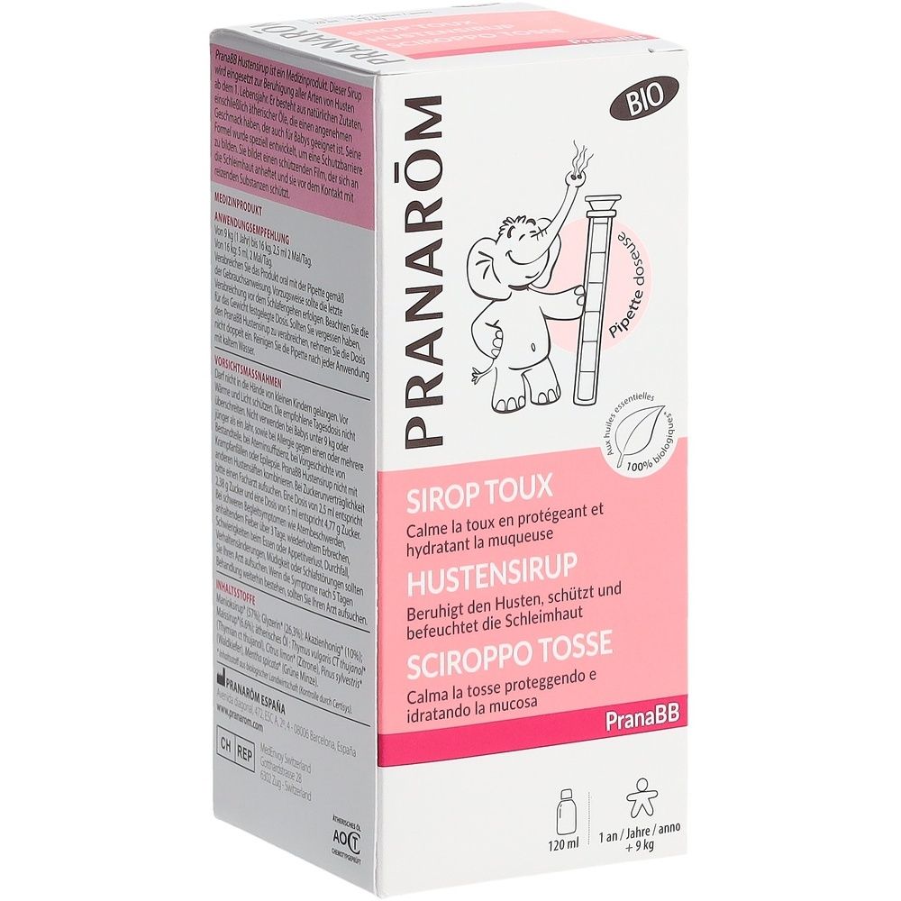 Boîte de sirop contre la toux PRANAROM pour bébés. Label bio et illustration d'un éléphant avec pipette.